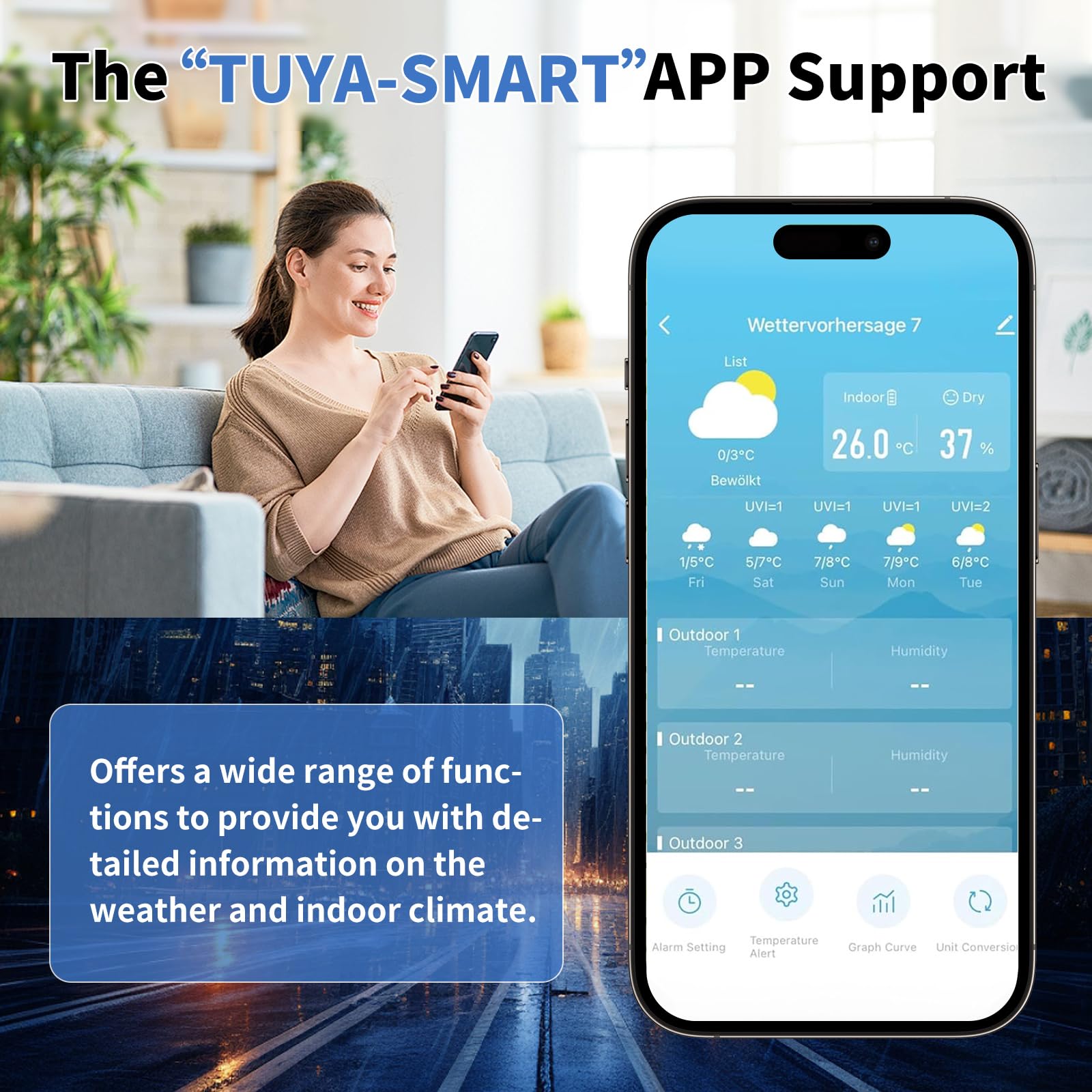 Stazione Meteo Wi-Fi con Sensore Esterno Tuya Smartlife Allarme Sveglia Schermo LCD Colorato Previsioni Meteorologiche Wireless Bianco