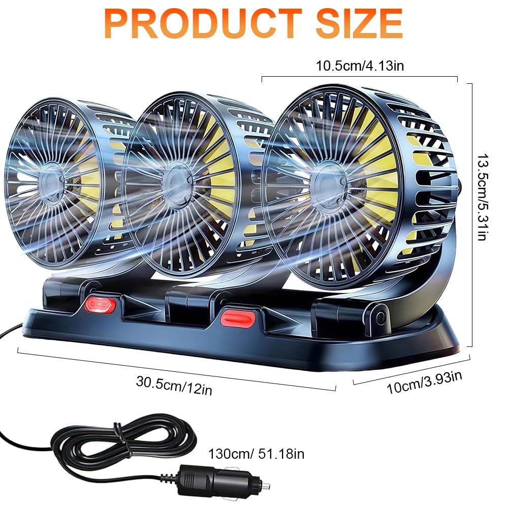 Lotvic Ventilateur de Voiture à Trois Têtes avec 2 Modes de vent fort et Rotation à 360°, Ventilator Auto pour SUV, RV, Camion, Van, Véhicules