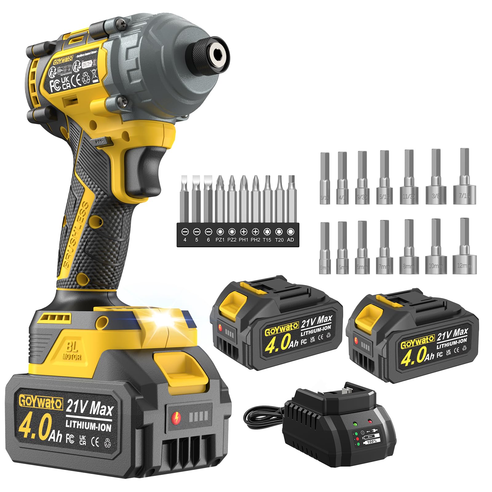 Avvitatore ad Impulsi 290 Nm, 21V Brushless Avvitatore a Impulsi, 1/4" Avvitatore a Percussione con 2 Batteria 4,0 Ah & 10 Punte & 14 Prese per Cacciavite Lavori di Serraggio Delle Viti, Giallo