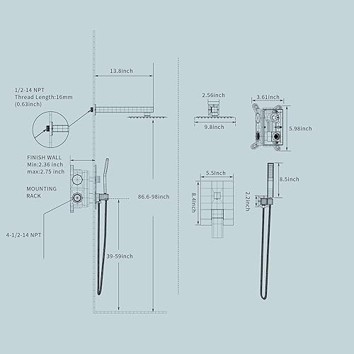 Miniatura 8 de Sistema de ducha de níquel cepillado de 10 pulgadas, sistema de ducha con grifo de ducha de mano montado en la pared para baño de alta presión
