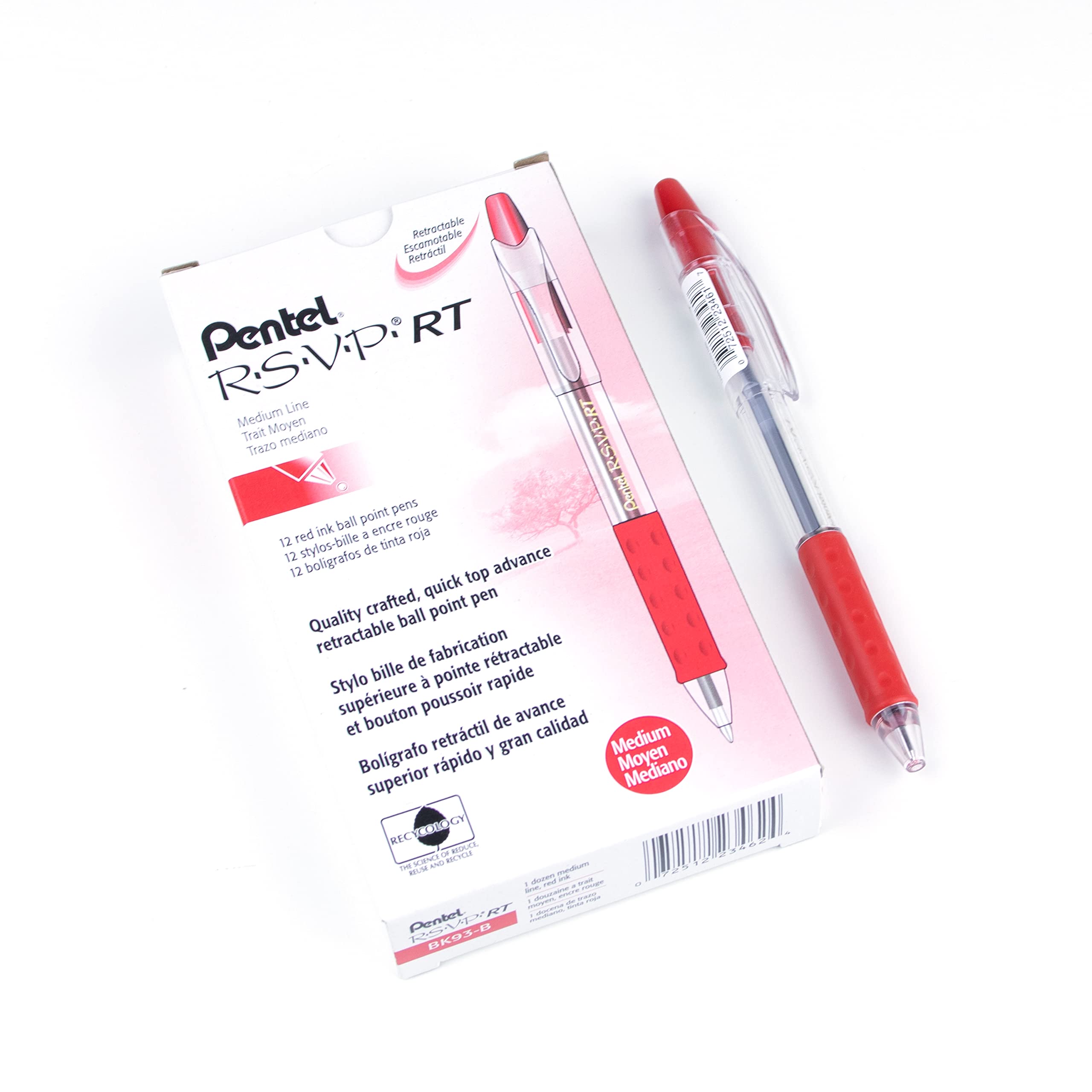 Pentel R.S.V.P. RT Colours Retractable Ballpoint Pen, Everyday Writing, Office Supplies, School Supplies, Long Lasting 1,400m Writing Distance, 1.0mm Bold Point, Red Ink, BK93-B, Box of 12