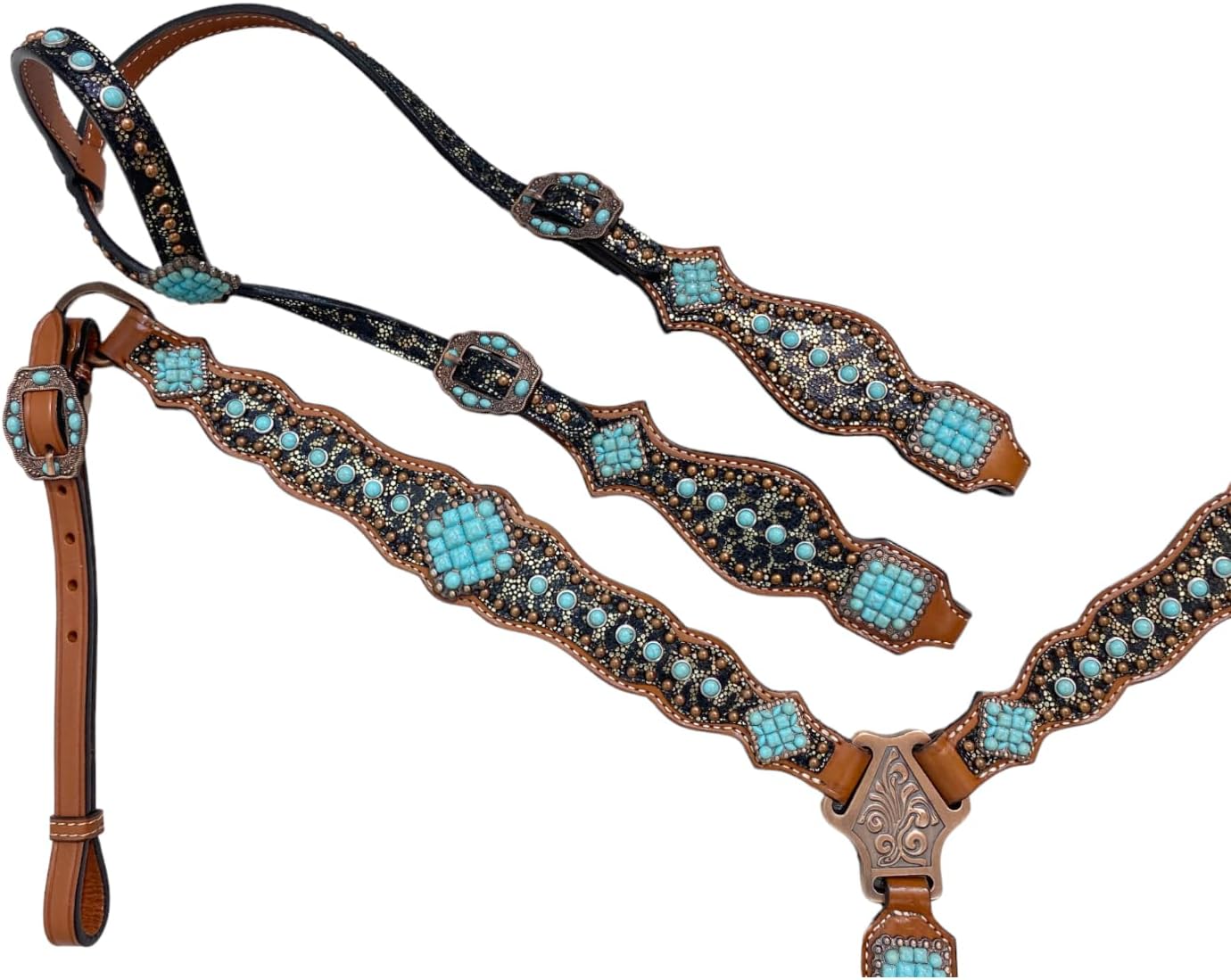 Western One Ear Headstall & Breast Collar Tack Set with Leopard Print & Turquoise Stone Overlay - Premium Argentina Cow Leather for Horse Lovers