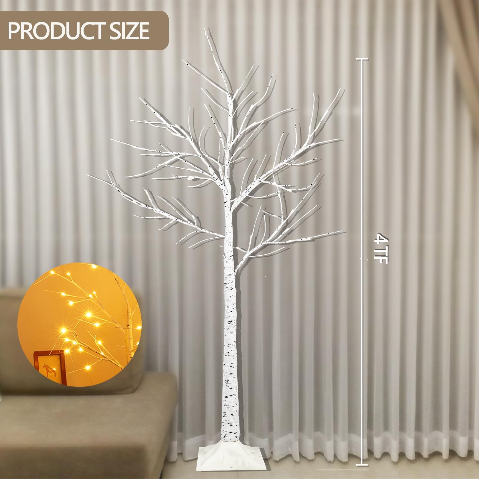 SANJICHA 1 lot de bouleau lumineux de 1,2 m (taille supérieure et posé au sol), arbre de Noël en bouleau pour intérieur et extérieur, blanc chaud, 96 LED pour décorations de Noël éclairées en
