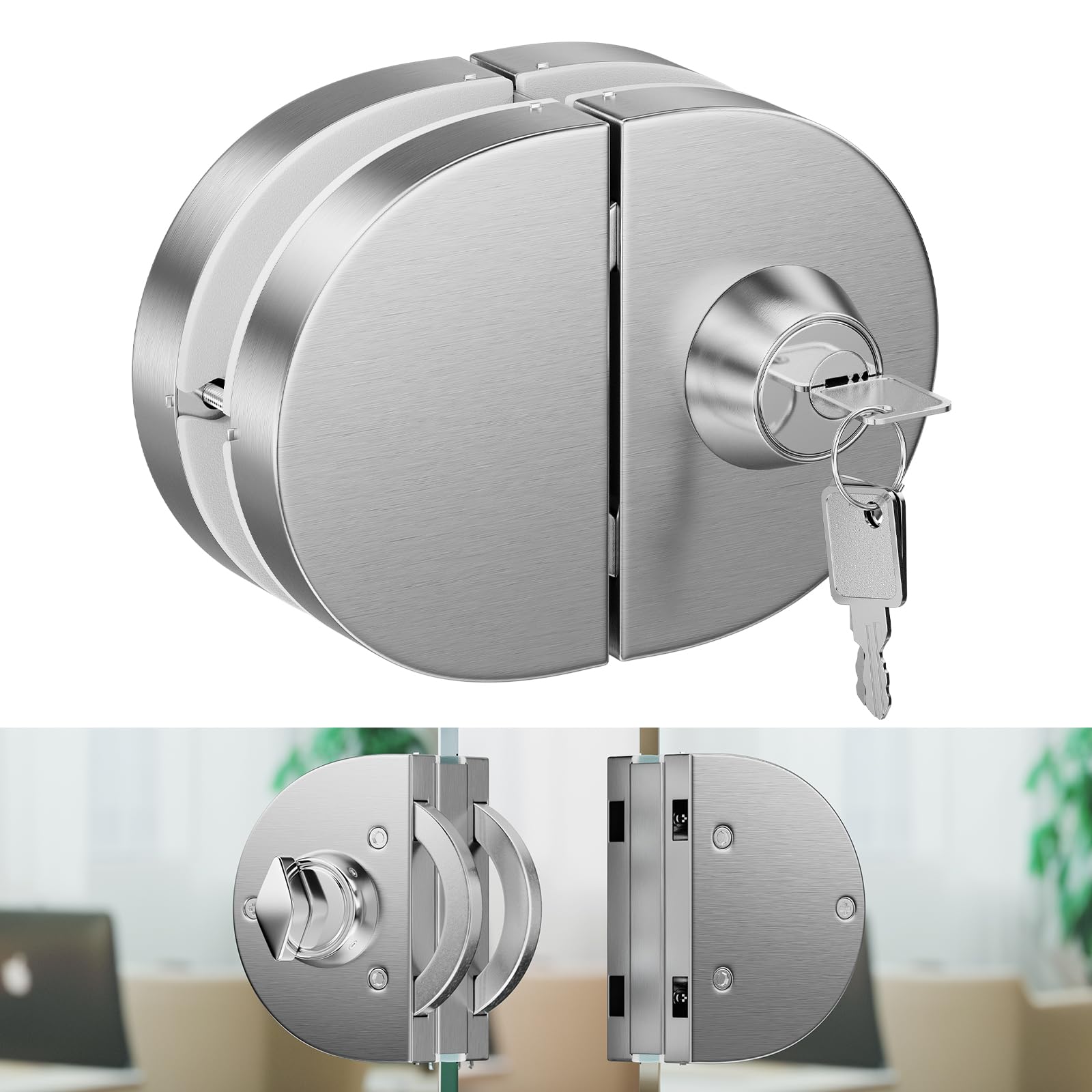 Ranbo304 Stainless Steel Commercial Durable Metal Chrome 10 mm -12 mm Glass Door Anti-Theft Security Lock， Double Swing Hinged Frameless Push Sliding Gate Lock with 3 Keys