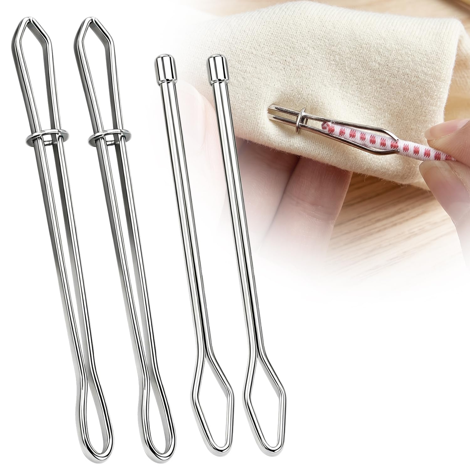 DIY Rope Threader Clip，2026 Upgraded Drawstring Threader Tool Set，Stainless Steel Sewing Loop Turner Hooks with Latch for Drawstring Replacement for Hoodies, Shorts, Pant (A+B-4PCS)