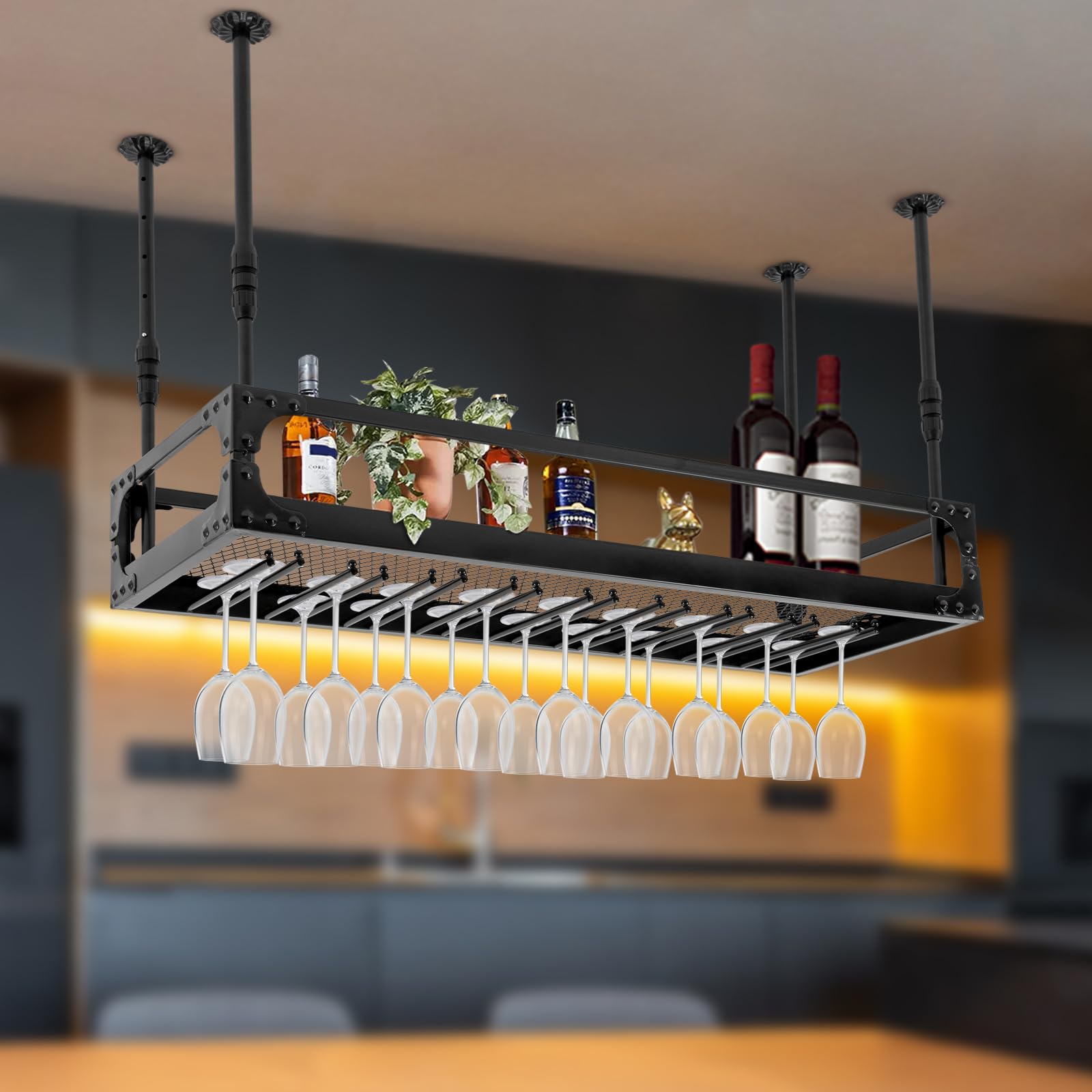 Estantería de Techo para Vino 100cm, Altura Ajustable, Estante Colgante Retro de Hierro, hasta 50 kg, Techo Industrial, Soporte para Copas de Vino, Soporte para Colgar (Negro)