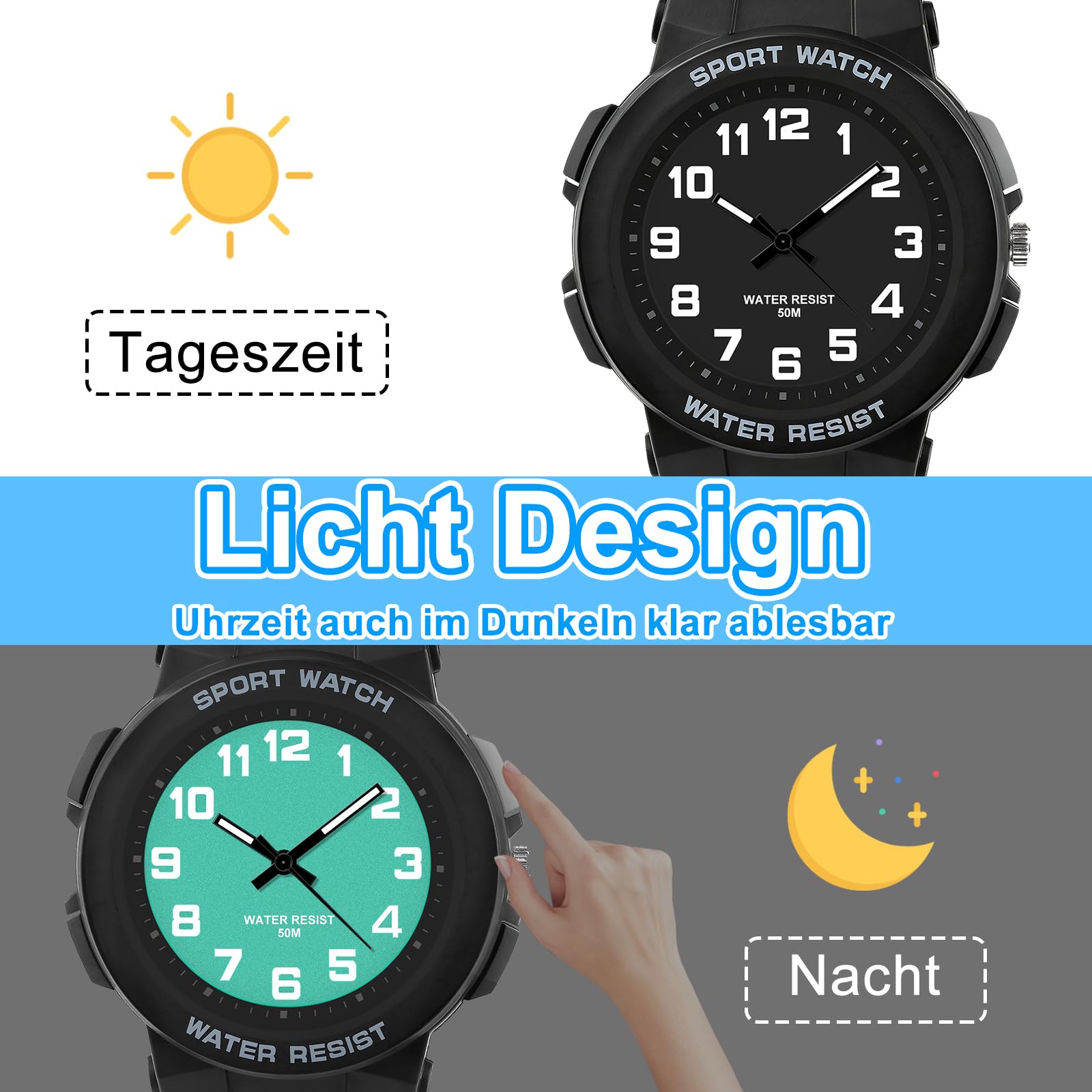 Orologio Bambino per Ragazzi Ragazze,Orologio Analogico Bambini al Quarzo Impermeabile 50M con Luce per Bambino Junior da 4 a 16 Anni (Nero)