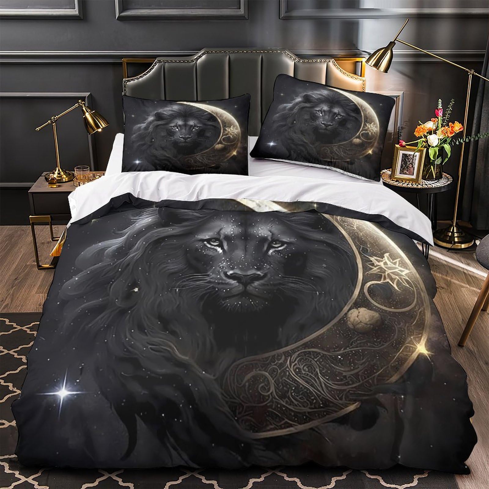 Housse de couette lion noir parure de lit 135x200 confortable
