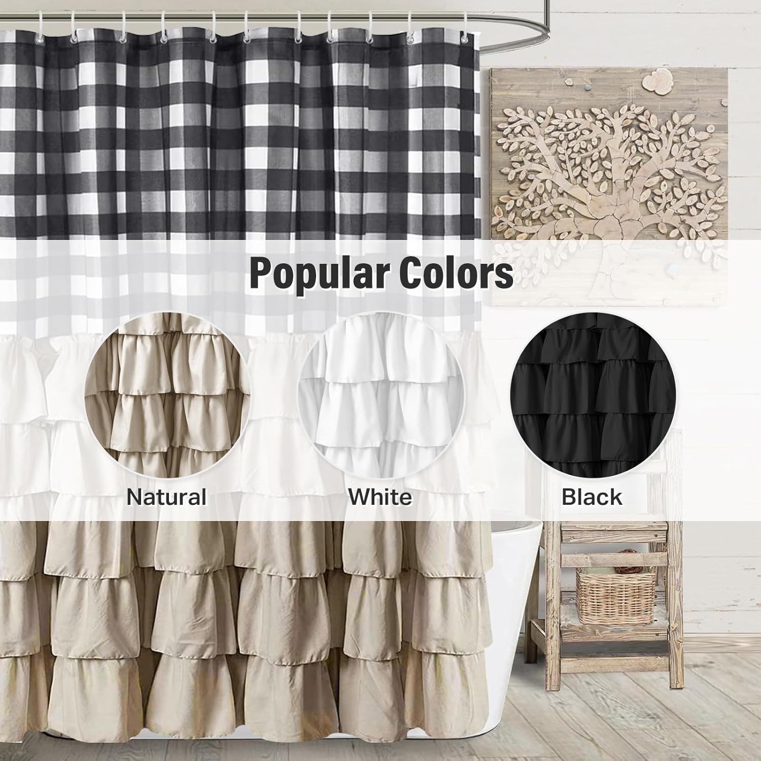 Seasonwood Farmhouse Shower Curtain Set with 12 Hooks Boho Shower Curtain with Button Bathroom Decor Black Buffalo Plaid Pattern with Fabric Ruffles Waterproof with Washable Durable 72"x72"