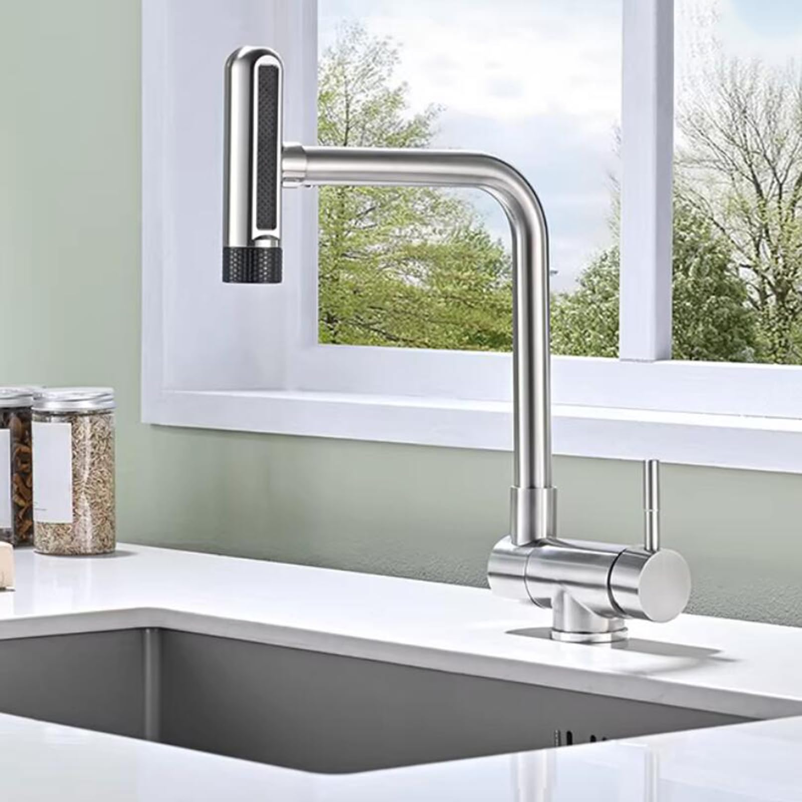 ZQFHSX Folding Kitchen Mixer Tap, Swivel Design with 6 Modes, Stainless Steel, Brushed Finish