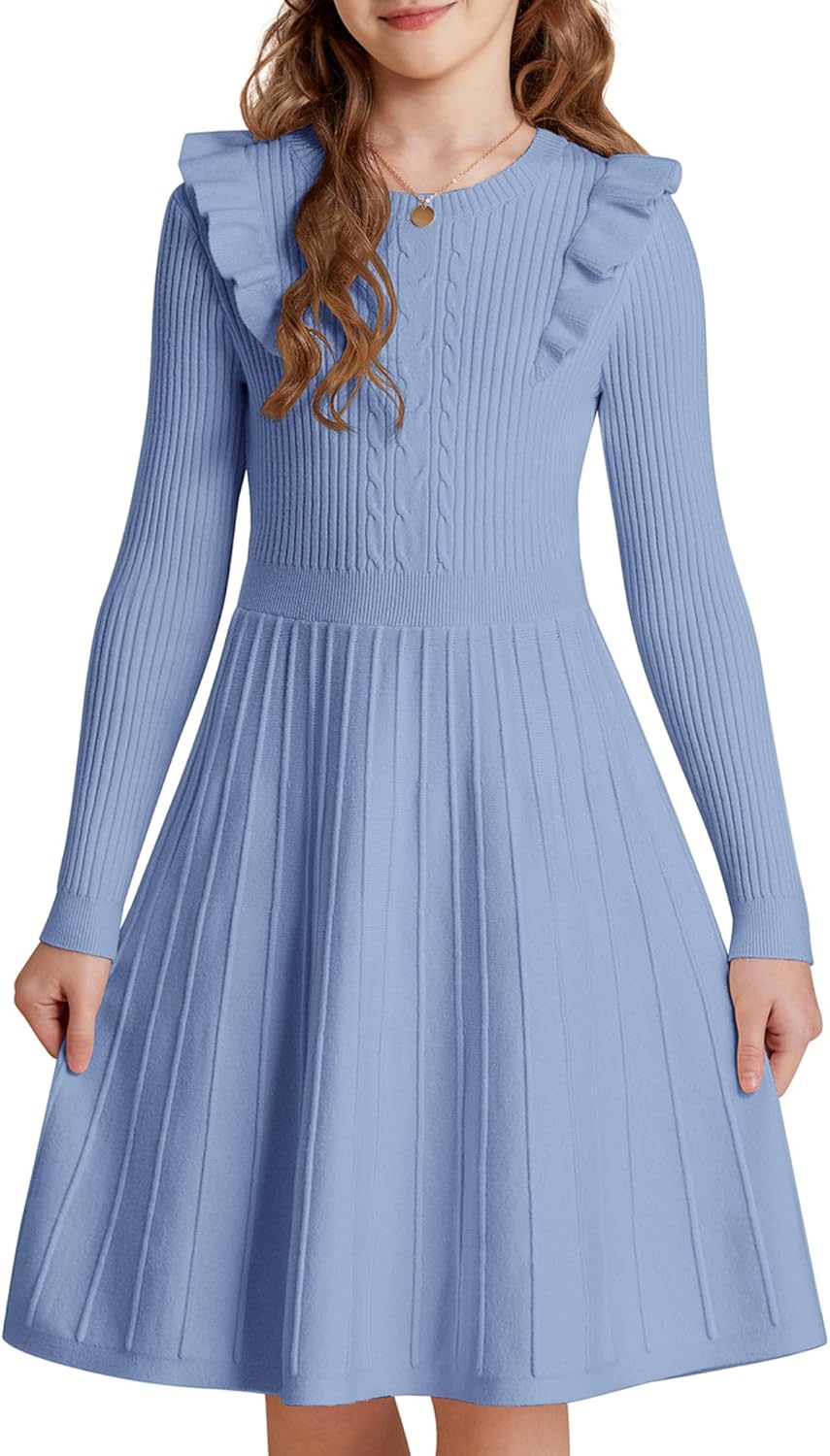 GRACE KARIN Girls Sweater Dress Fall Winter Long Sleeve Cable Knit Pullover Dresses for Girls 5-12Y