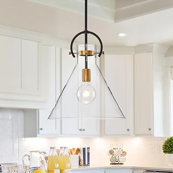 Edvivi Modern Kitchen Pendant Lighting with Handblown Glass Cone Shade, Adjustable Height 1-Light Ceiling Light Fixture for Island Sink, Oil Rubbed Bronze Detailing, Antique Gold Finish, 14 in