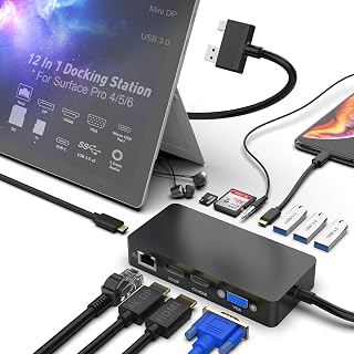 Surface Pro Docking Station 4k Triple Display (HDMI + VGA + DP) 12 in 1 Surface Dock Hub kompatibel für Microsoft Surface Pro 4 / Pro 5 / Pro 6 Dongle (HDMI VGA DP PD3.0 SD TF Reader RJ45 3USB)