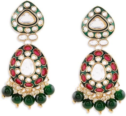 Zaveri Pearls Green Meenakari Pink Dazzling Stones Embellished Traditional Dangler Earring For Women-ZPFK21704