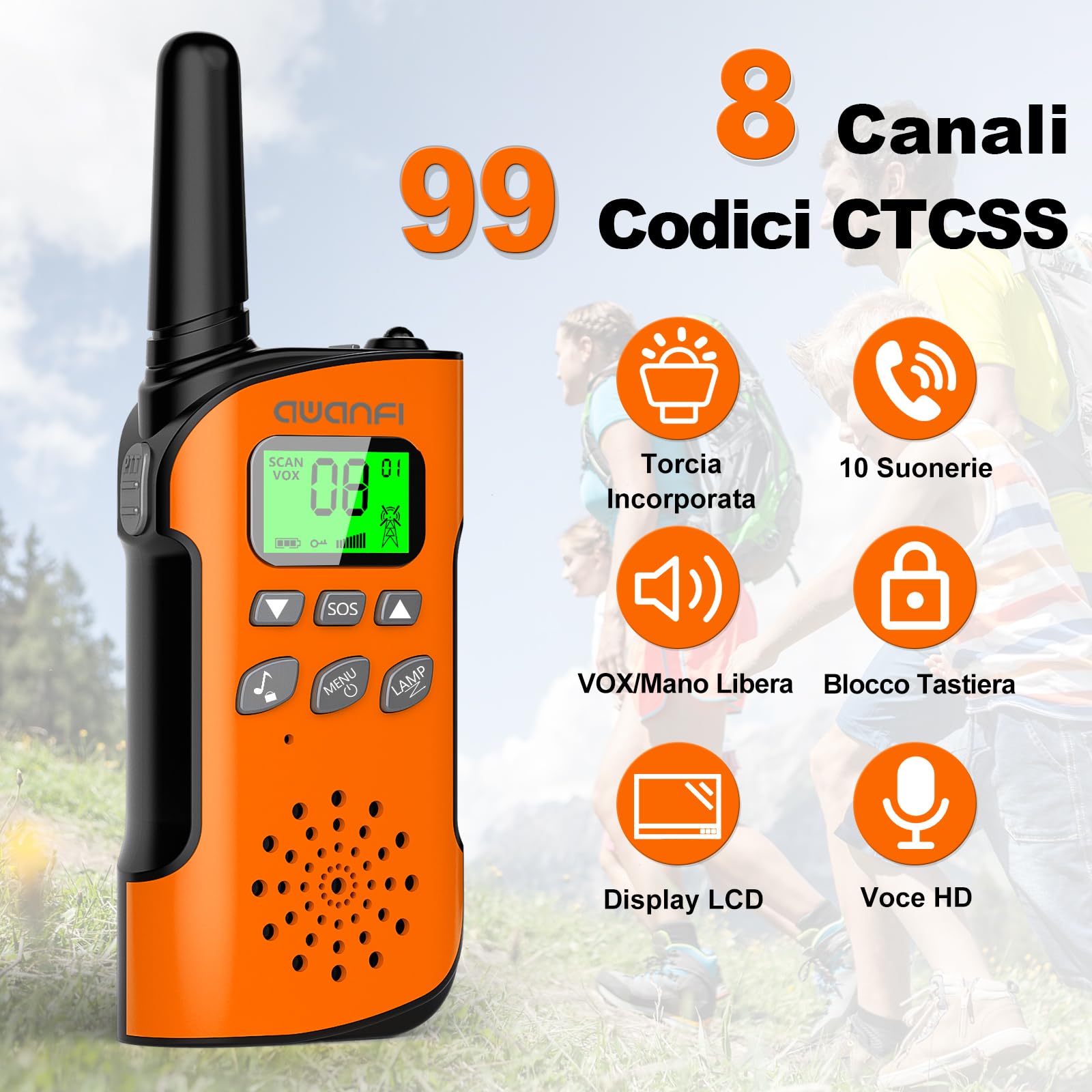 Walkie-Talkie Bambini, 3 Pezzi Walkie Talkie Ricaricabile con Batteria, Torcia, Funzione SOS e VOX, Lungo Raggio, Walkie-Talkies per Campeggio, Avventure, Regali per Bambini 3 a 12 Anni