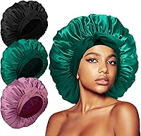 Vista 8 de 3 gorros para dormir, gorro de seda extra satinado para mujeres que duermen con banda de amarre para cabello rizado, trenzas de capó jumbo