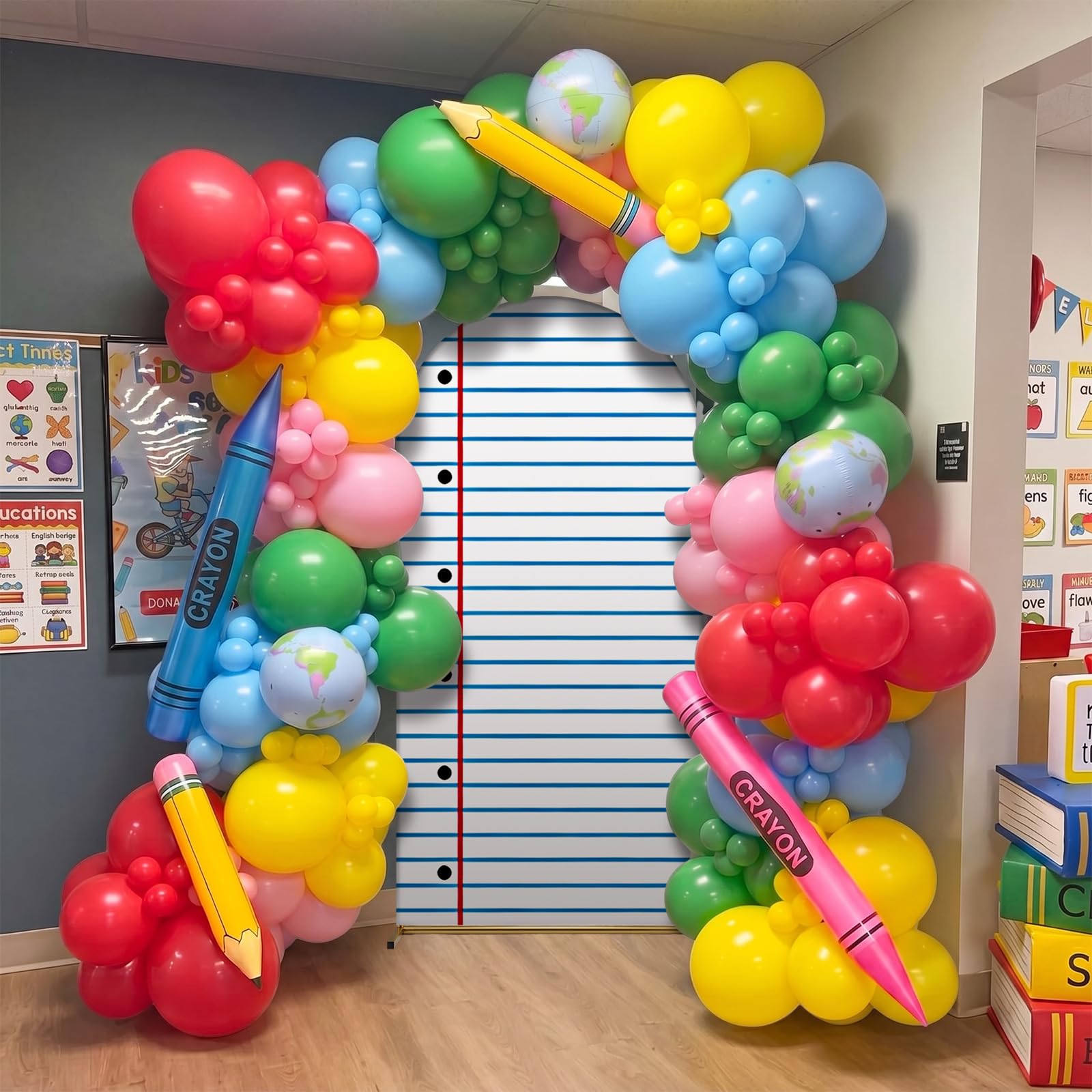 VitalCozy 2 piezas de decoración preescolar de regreso a clases con soporte de arco, telón de fondo para cuaderno, jardín de infantes, preescolar, aula, fundas de soporte de arco de elastano para