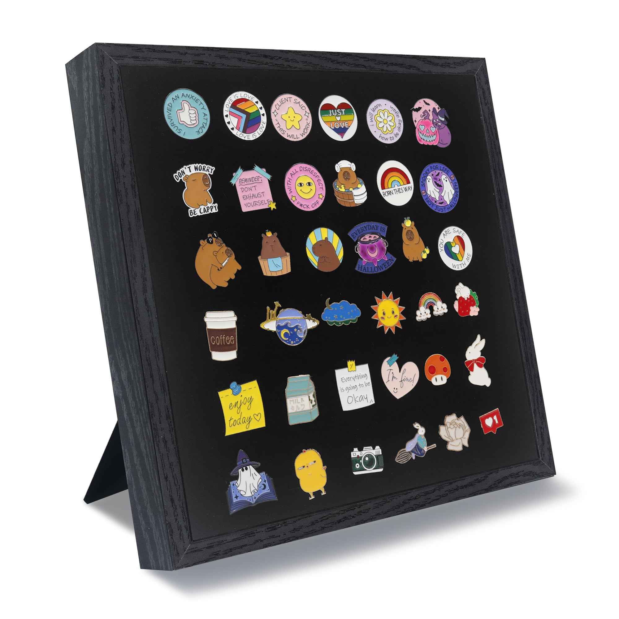 GMFrames Teca espositiva per spille smaltate 11x11 pollici (28x28 cm), cornice espositiva per collezione con vetro vero, shadow box per parete e piano d'appoggio, porta spille nero