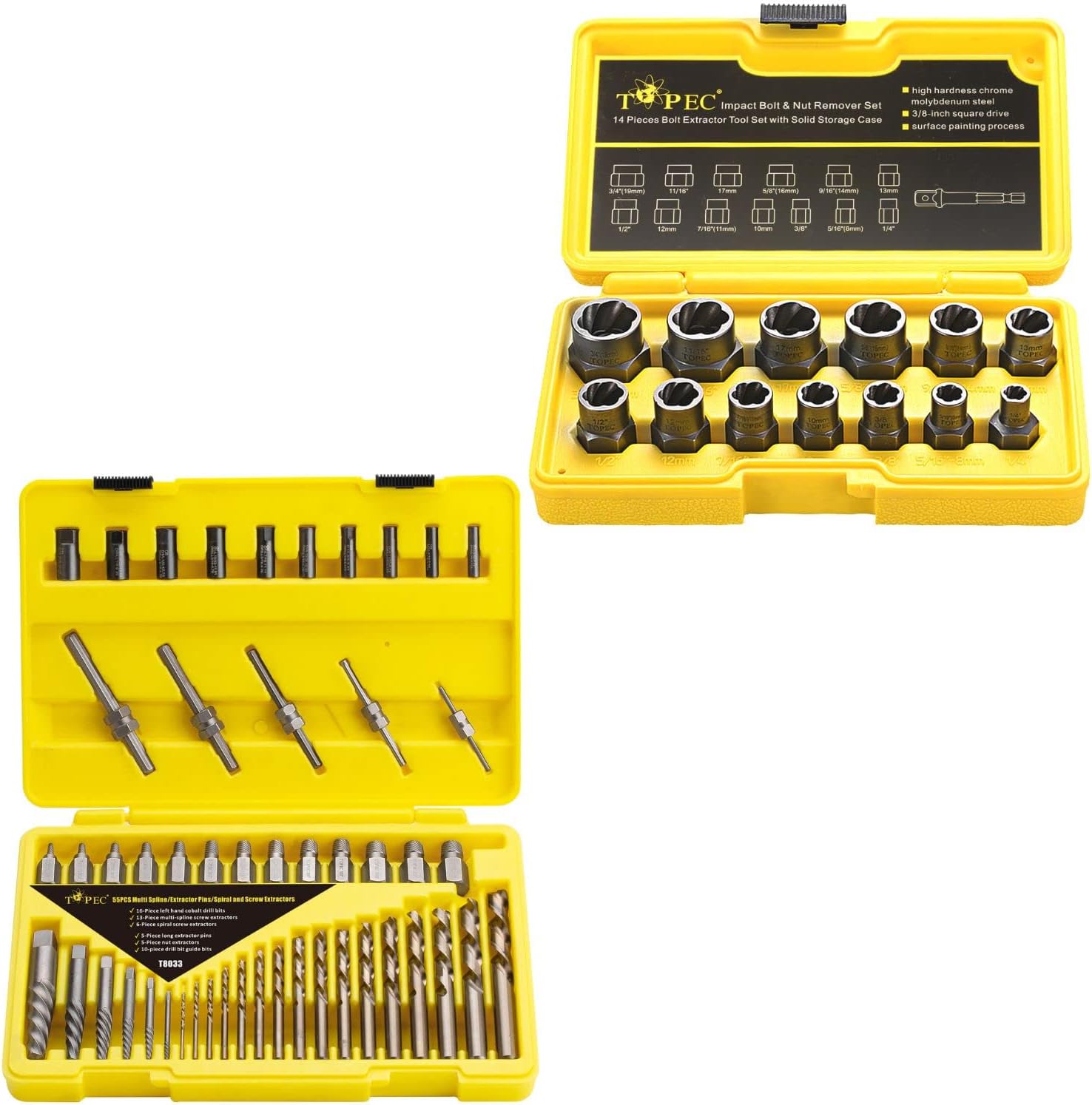 Topec 69Pcs Impact Bolt & Screw Remover Set Bundle, 14Piece 3/8 Drive