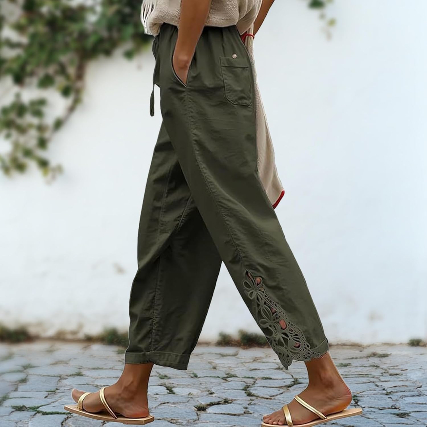 Wide Leg Capri Pants for Women Plain Slim Fit Relaxed Lace Drawstring High Waisted Lounge Pant with Pockets - Image 3