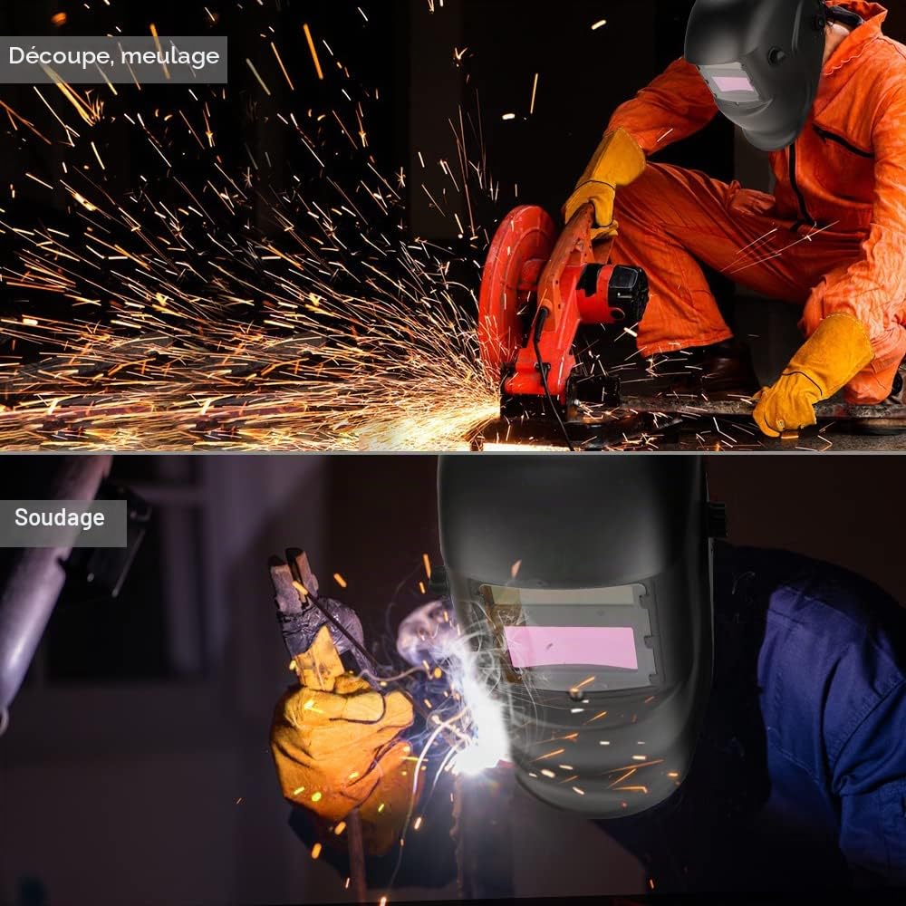 Casque de soudage auto-obscurcissant à énergie solaire avec 6 lentilles de rechange + gants de soudure, pare-soleil réglable 4/9-13 pour meulage TIG MIG ARC, masque de soudage
