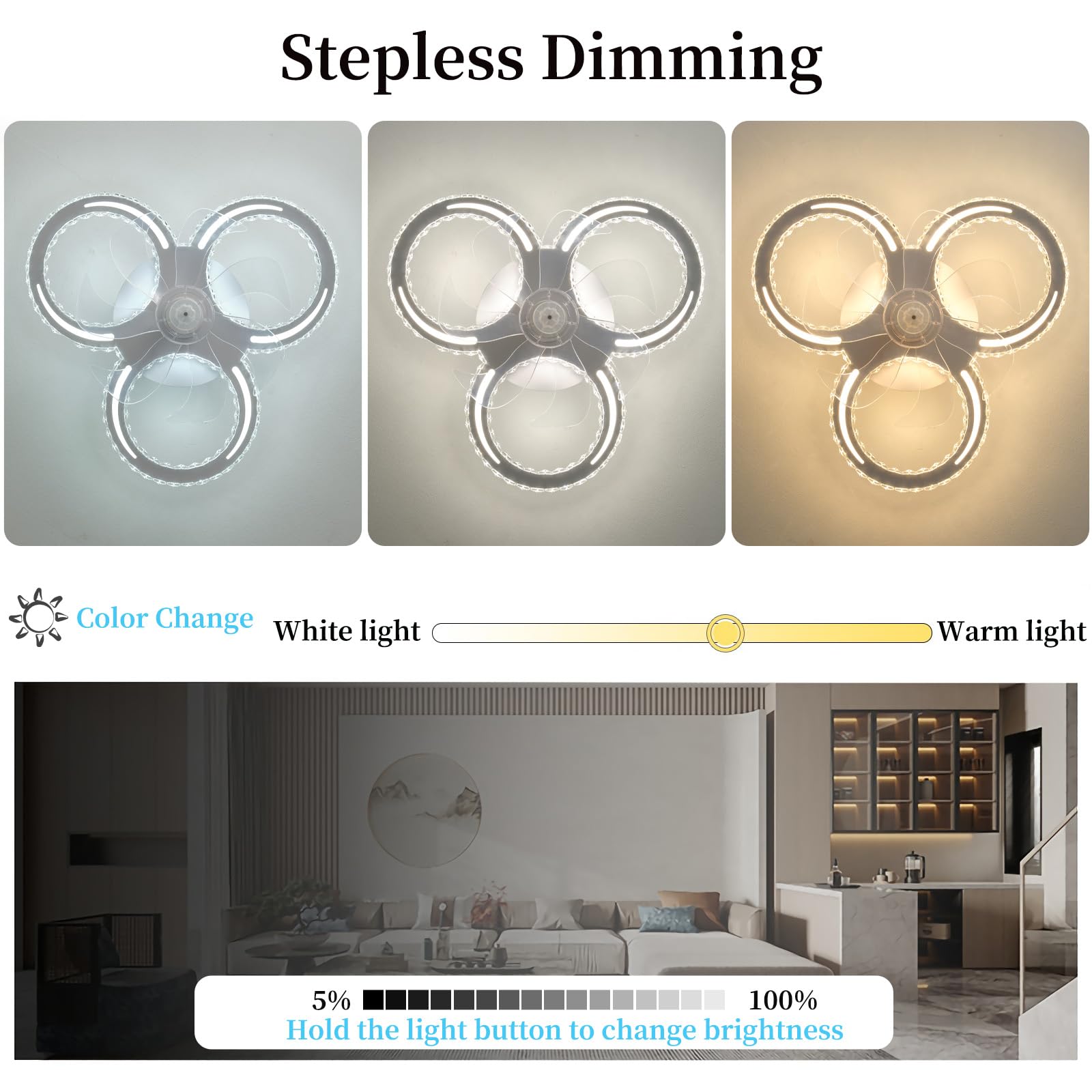Ventilatore da soffitto a 3 anelli in cristallo con luci e telecomando, motore DC a 6 velocità, silenzioso, bianco, piccolo e moderno, ideale per camera da letto e soggiorno, con LED dimmerabile e fu