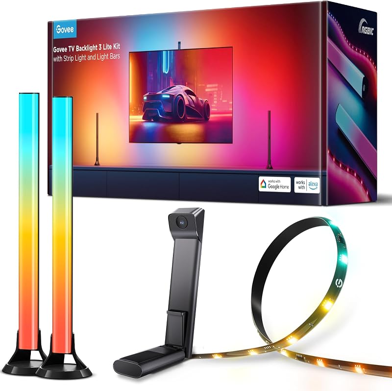 Kit de retroiluminación de TV 3 Lite, 11.8 pies RGBICW Wi-Fi TV LED Strip Lights | para televisores de 55-65 pulgadas con cámara y barras de luz inteligentes de 15 pulgadas con perlas de luz 4 en 1 - Funciona con Alexa y Google Home