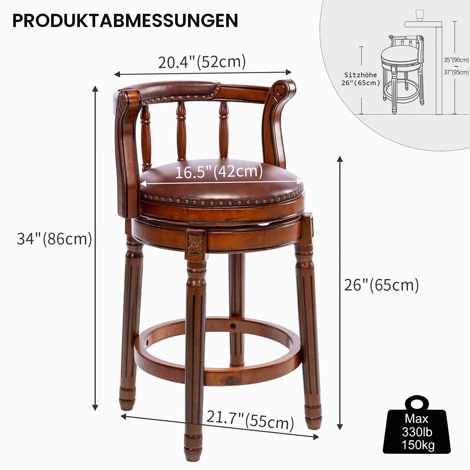 Barhocker aus Leder mit Rindsleder, Sitzhöhe 66 cm, Drehstuhl für Zuhause, Küche, Theke, Mordener Stuhl, Esszimmer, Restaurant, Arbeitszimmer und Kneipe, 1 Stück
