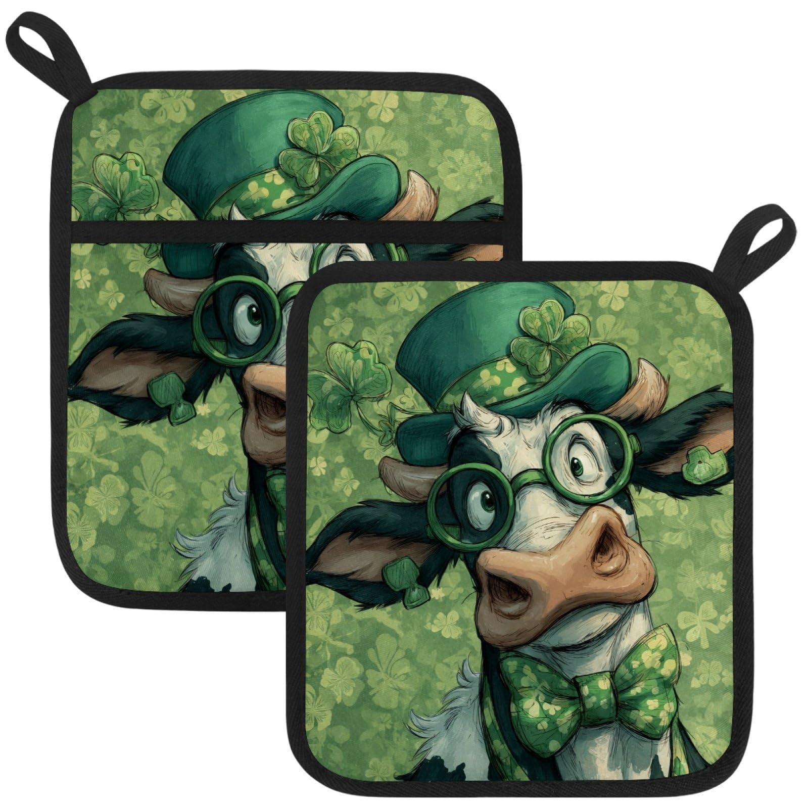 VAPOKF St. Patrick's Day Cattle Kitchen Hot Pot Holder, Pot Holders Heat Resistant Pot Holder with Pocket Heat Resistant Trivets for Hot Pans Cotton Pot Mitts for Kitchen Cooking Baking