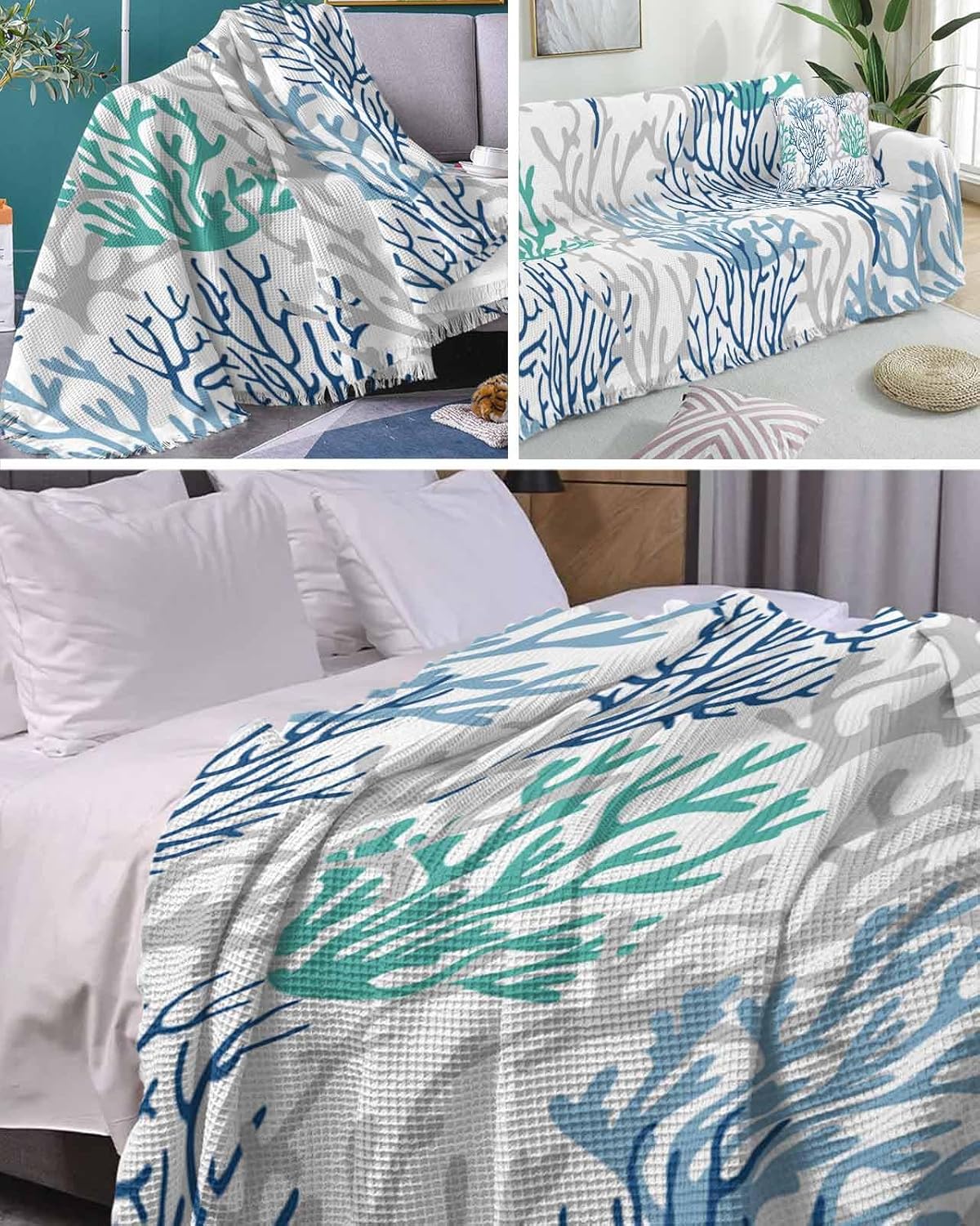 DecorLovee Couch Cover Furniture Protector, Blue Teal Grey Coral Coastal Sectional Sofa Covers for 3 Cushion Couch, Summer Beach Nautical Ocean Washable Sofa Slipcovers for Pets/Kids, L, 71"x118"