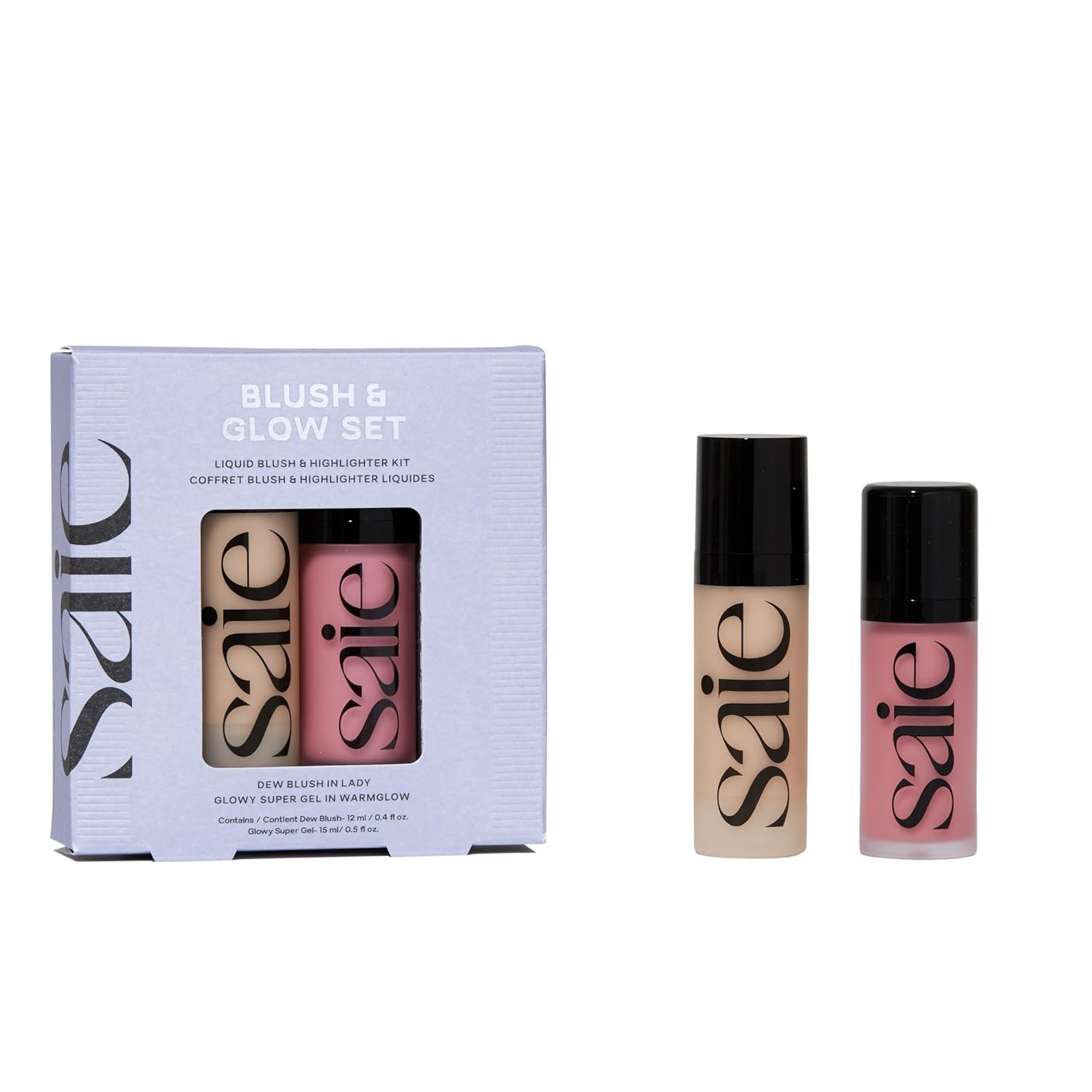Saie Blush & Glow Gift Set - Dew Blush in Lady & Glowy Super Gel Liquid Highlighter & Makeup Primer in Warmglow - Skincare Infused Everyday Makeup Kit for a Flushed, Dewy Glow - Vegan (2 Count)