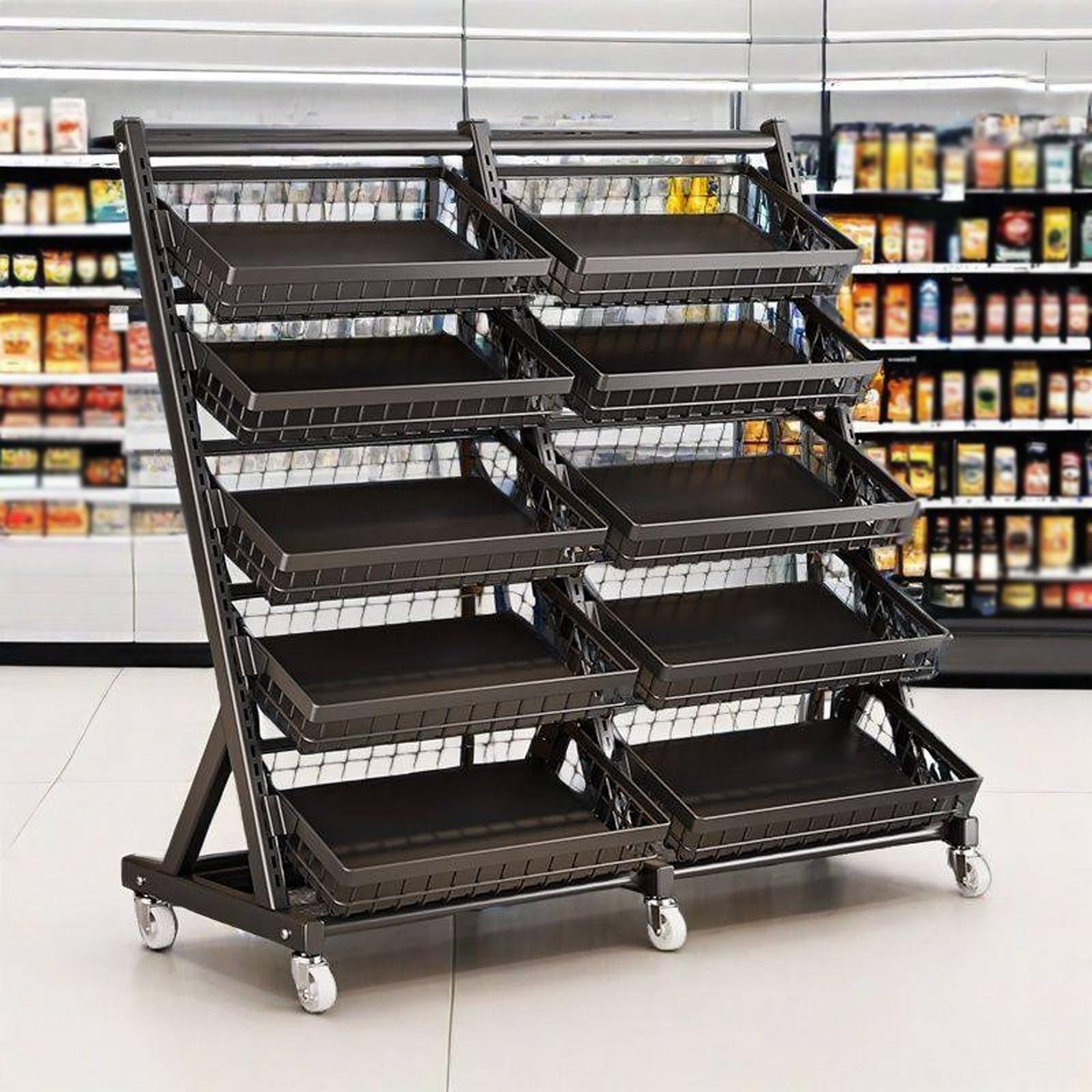 Carrello da cucina a 5 ripiani con ruote, organizer multistrato con cestini per frutta e alimenti sfusi, ripiani neri da pavimento (96 x 40 x 112,5 cm)