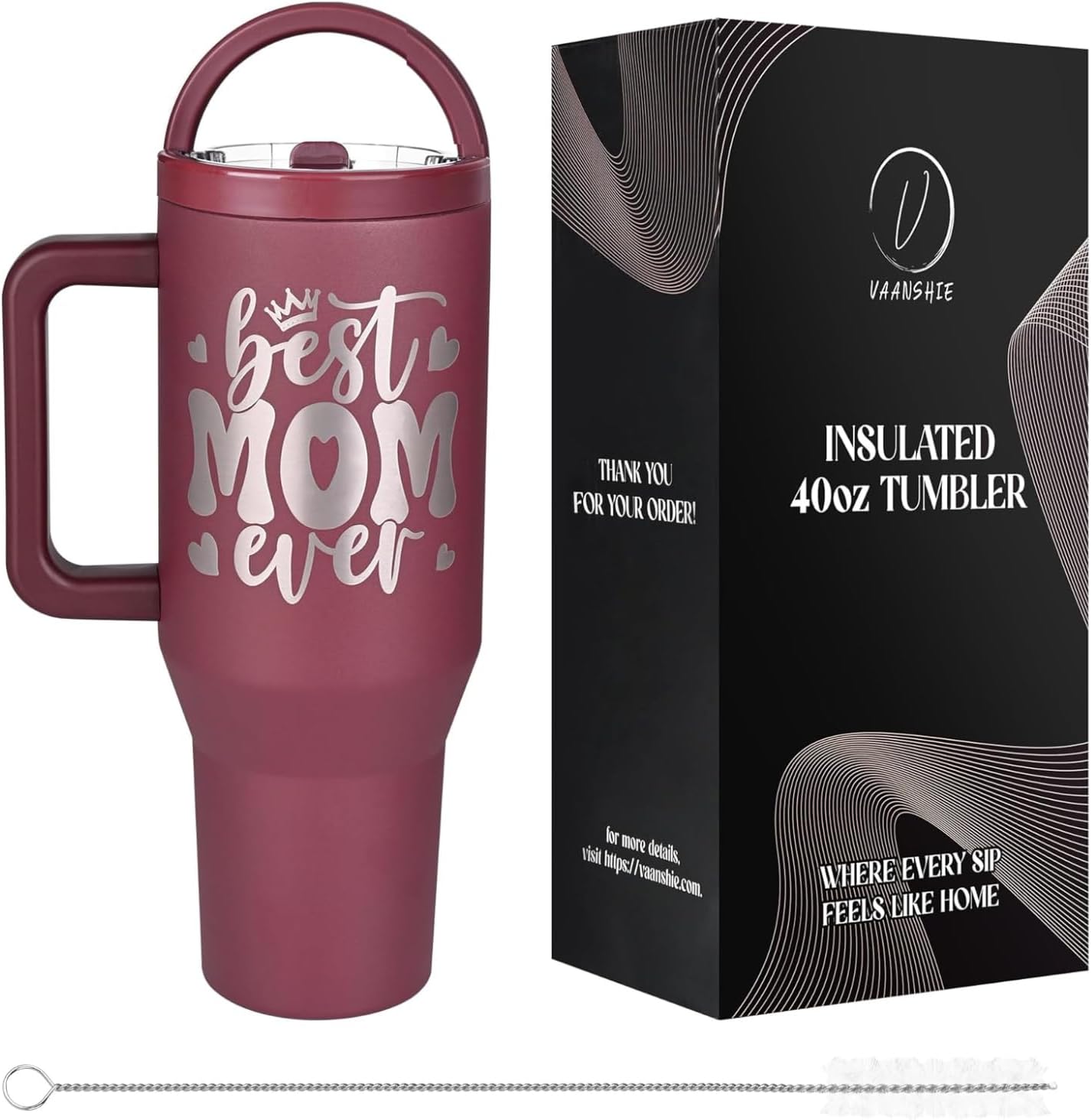 vaanshie Christmas Gift for Mom - 40 oz Tumbler with Handles & Straw Lid for Mother, Vacuum Insulated Travel Coffee Mug, Best Mom Ever Stainless Steel Cup with Cleaner for Mother's Day Gift