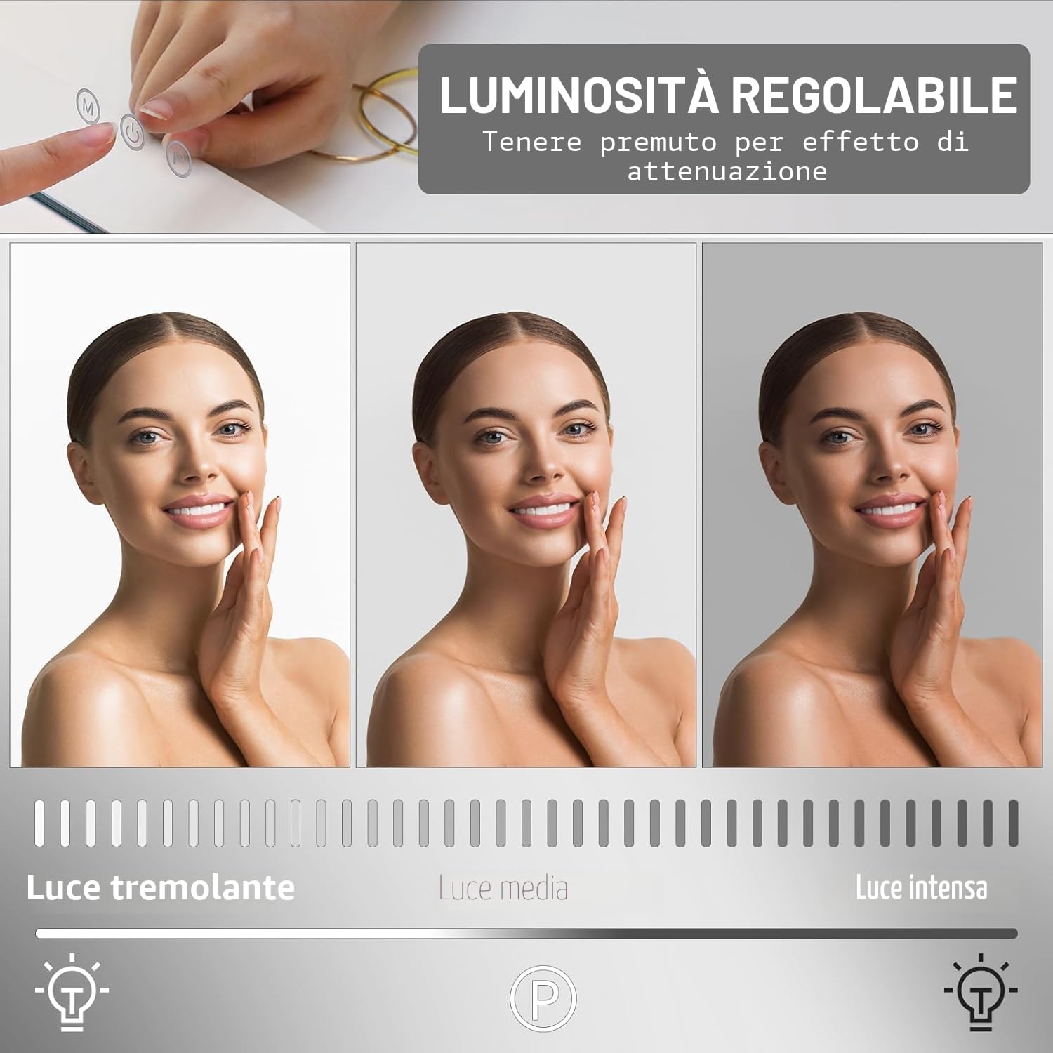 Hollywood Specchio Trucco con Luci,15 LED,50x40 cm,Specchio da parete,3 Temperature di Colore,Controllo touch e lente d'ingrandimento 10X,USB,Specchio da tavolo,specchio con luci make up,Bianco
