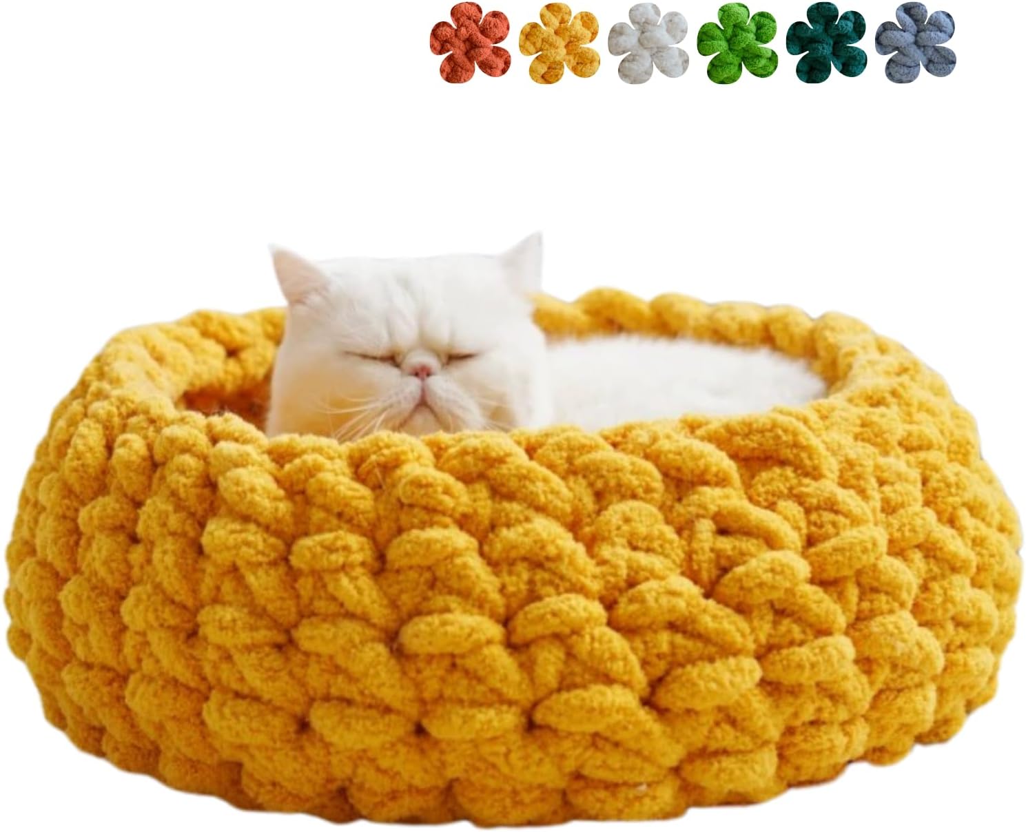 Cat Nest Bed - Premium Self Warming Handwoven Washable Extra Soft Round Cave House for Indoor Kitten & Kitty, Small & Large (Persimmon Yellow,Medium)