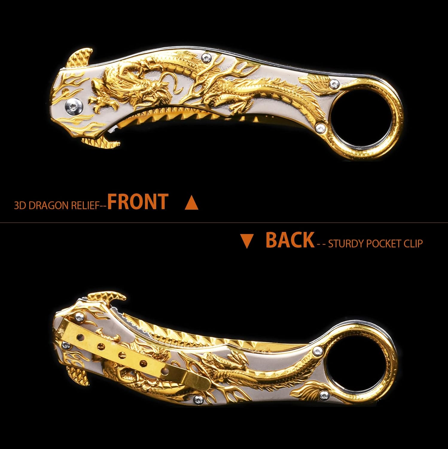 Pocket Knife for Men, Cool Folding Knife With 3D Golden Dragon Relief, Great Gift Edc Knife For Men Outdoor Survival Camping Hiking Hunting