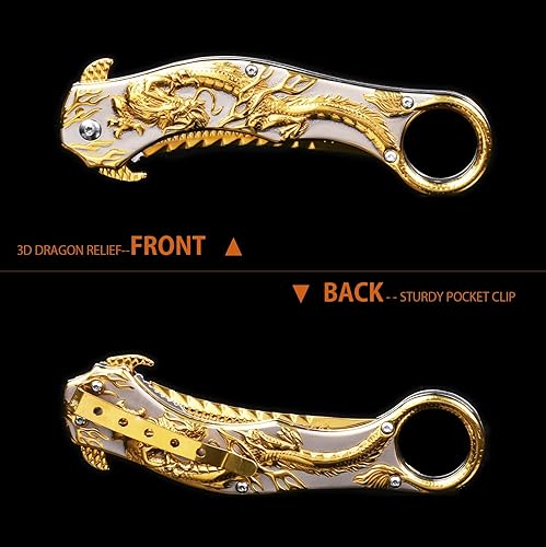 Miniatura 3 de Cuchillo de bolsillo para hombres, cuchillo plegable fresco con alivio de dragón dorado 3D, gran regalo Edc cuchillo para hombres, supervivencia al