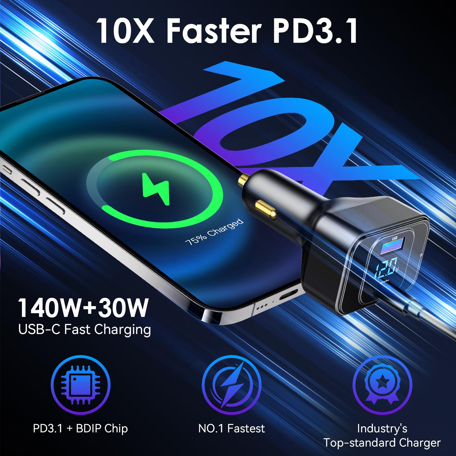 170W PD3.1 Autoladegerät mit LED-Anzeige, USB-C Stabiles Schnellladen (140W+30W) für iPhone 16 Pro Max/Samsung S25 Ultra/MacBook/Drohnen/Laptops, 12V-24V Fahrzeug Zigarettenanzünder Adapter