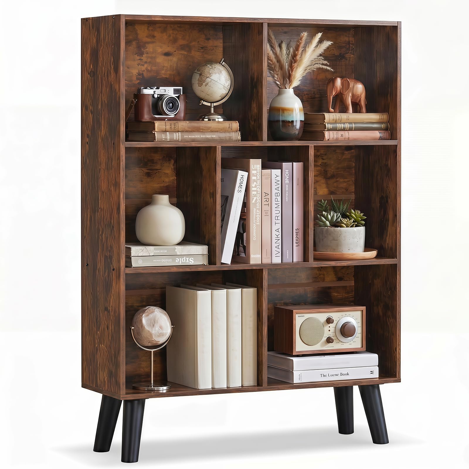 YAHARBO Brown Bookshelf,3 Tier Book Shelf with Legs, 7 Cube Minimalist Bookcase,Storage Organizer Shelves Display Bookcases for Bedroom,Living Room