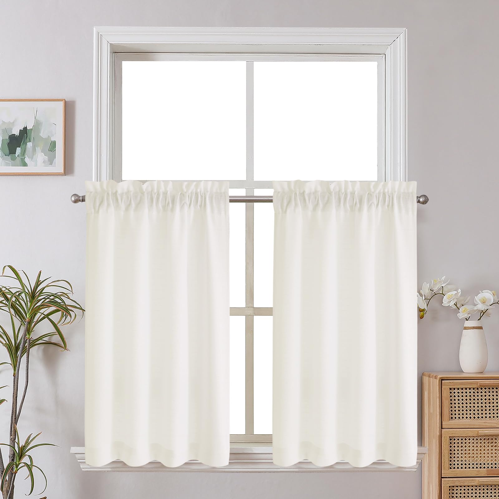 Chyhomenyc 36-inch Long Textured Faux Linen Kitchen Curtains, Yellowish Light Filtering Window Curtains for Basement Cabinet, 30 x 36 inches, Cream (Ivory)