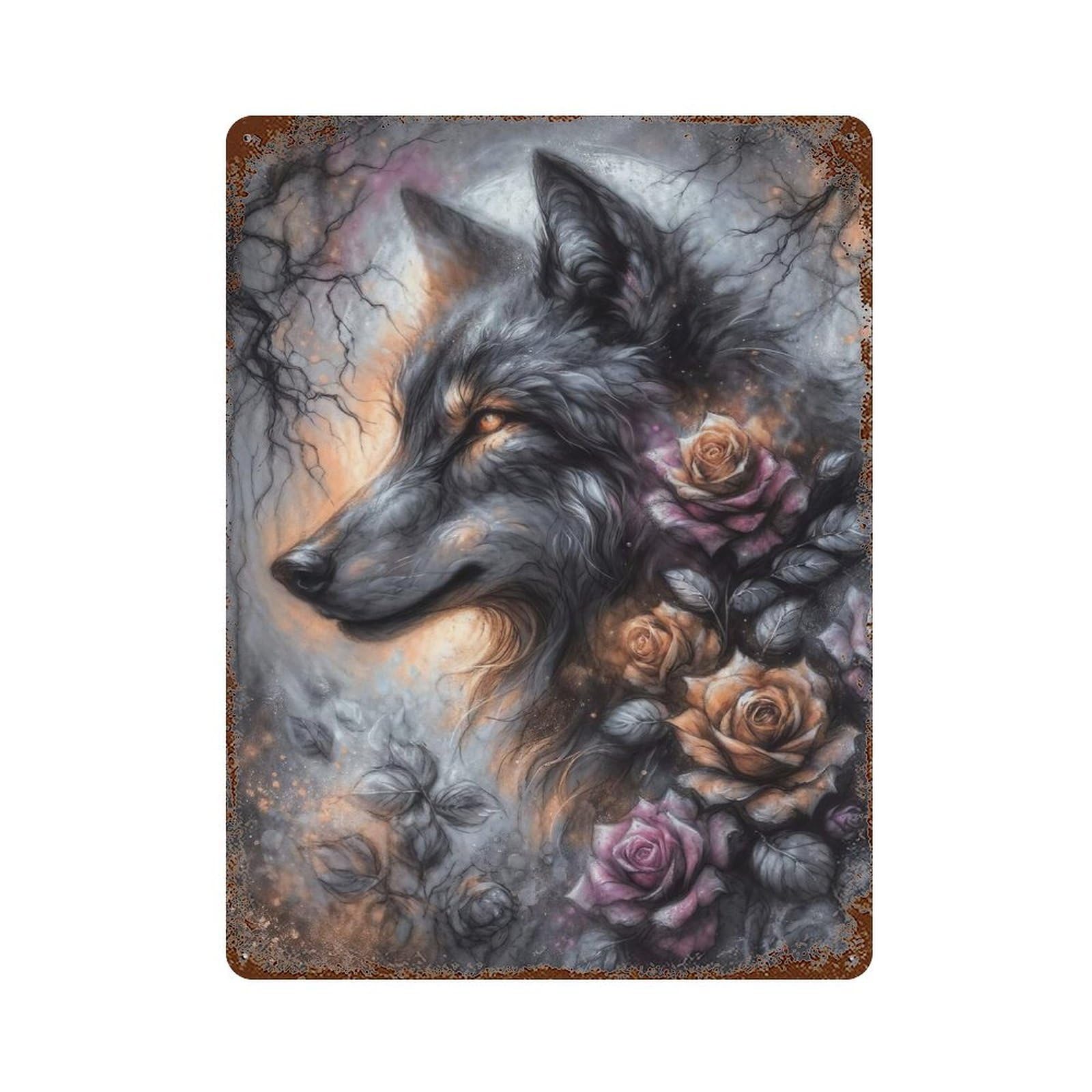 Retro Metal Sign with Fantasy Charcoal Wolf in A Rose Forest Design 15.7"x11.8", for Farmhouse, Kitchen And Entryway Decor, Shabby Chic Decor