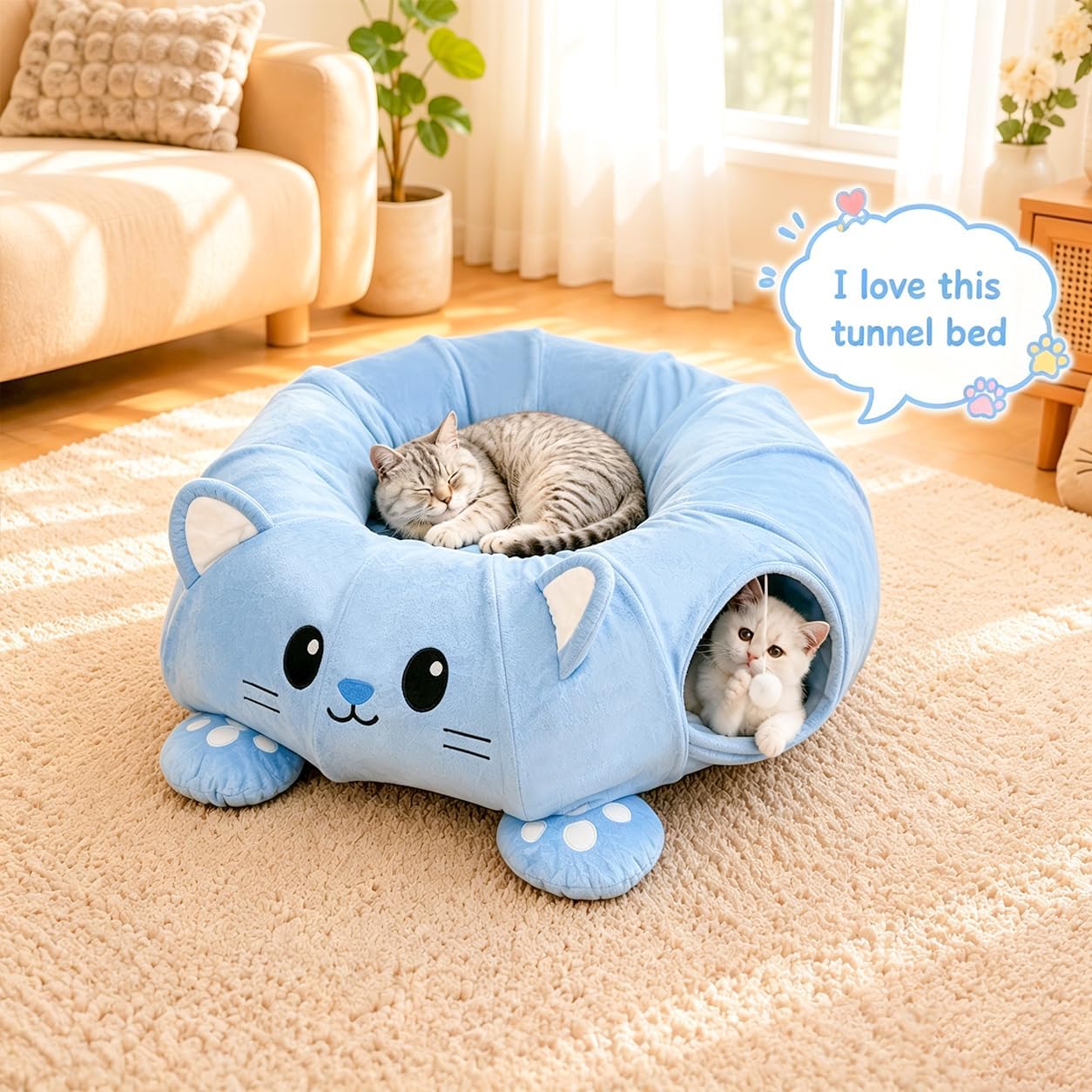 Cat Tunnel Bed with 21 Interactive Toys | Kitten Bed with Collapsible Tunnel for Indoor Cats, Cute Play Tube with Enrichment Toys (Blue, Kitten Pattern)