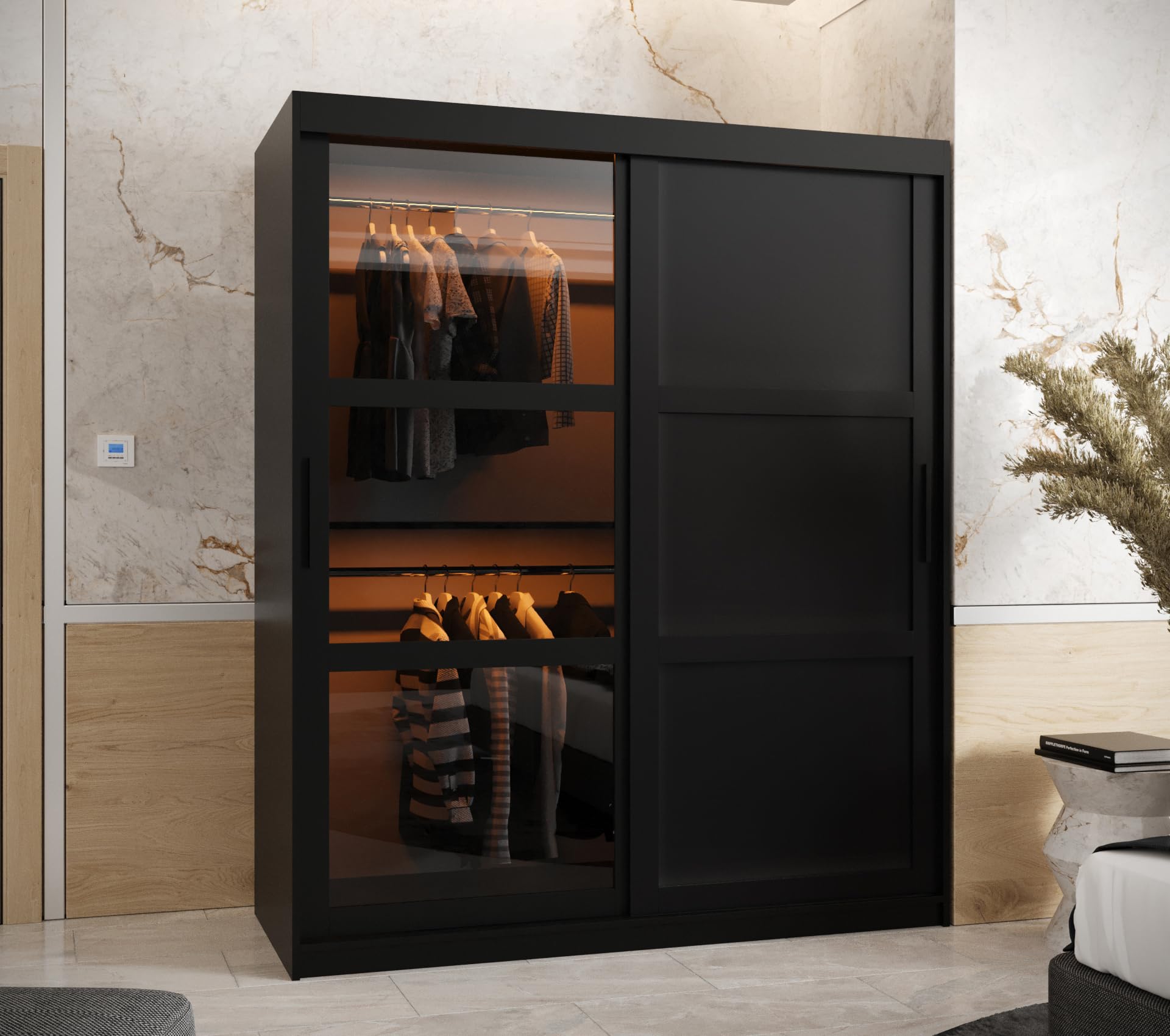 ABIKSMEBLE DOME 3 Guardaroba con Due Ante Scorrevoli, Barre e Ripiani - Armadio Portaoggetti con Vetro Fumé per Camera da Letto, Soggiorno - 200x150x62 cm - Nero, Nero, Nero