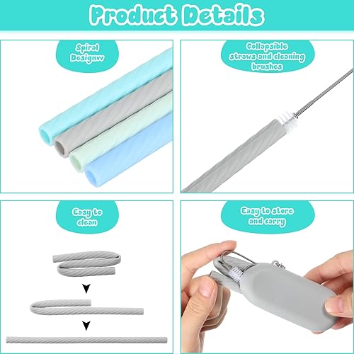 Miniatura 3 de Juego de 4 popotes de silicona con funda, reutilizables, de silicona, plegable, portátil, para fiestas, viajes, frio o caliente, con 4 fundas de