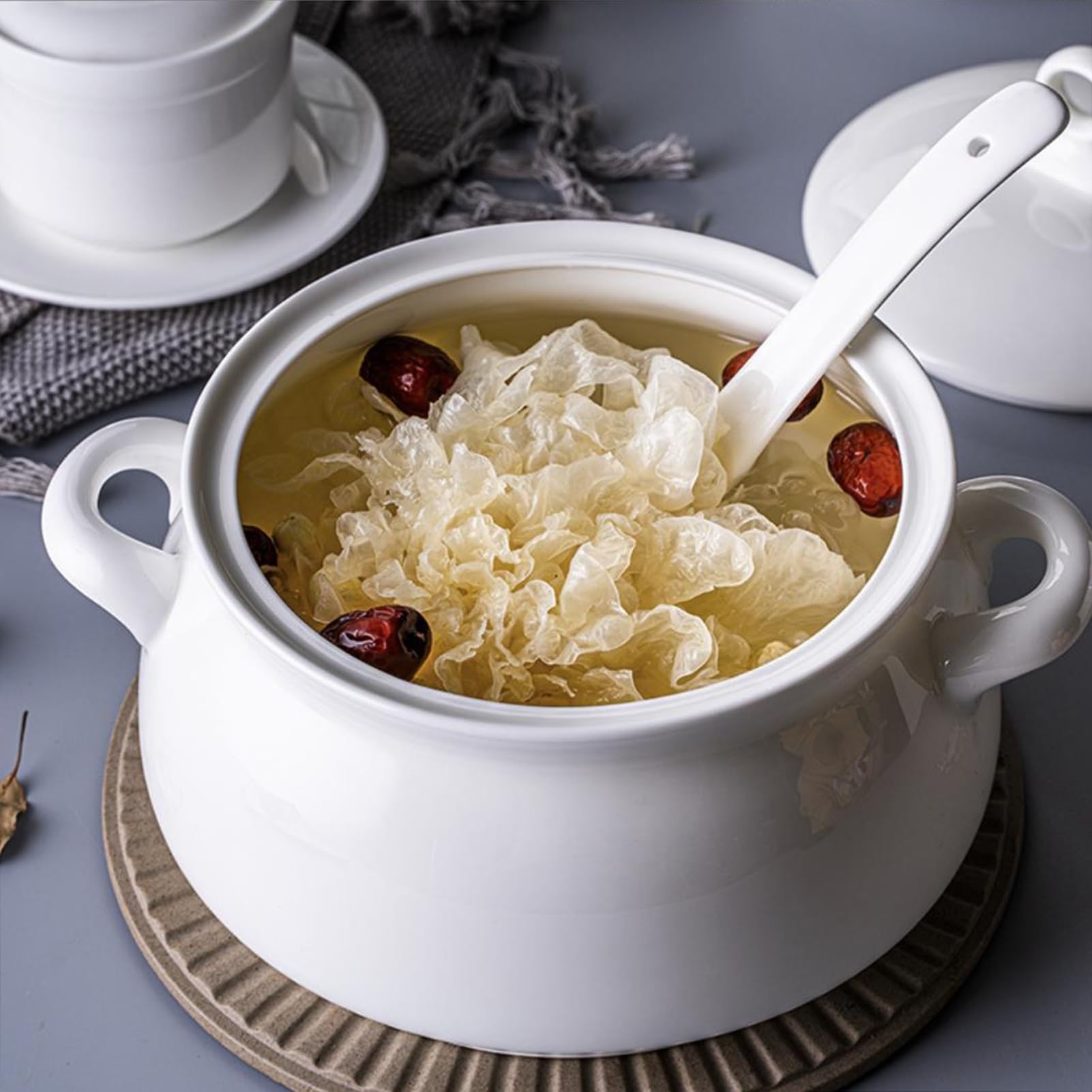 Soupière en céramique blanche, grande capacité,bol de service en porcelaine | Avec couvercle et poignées, idéale pour les fêtes et les repas de famille