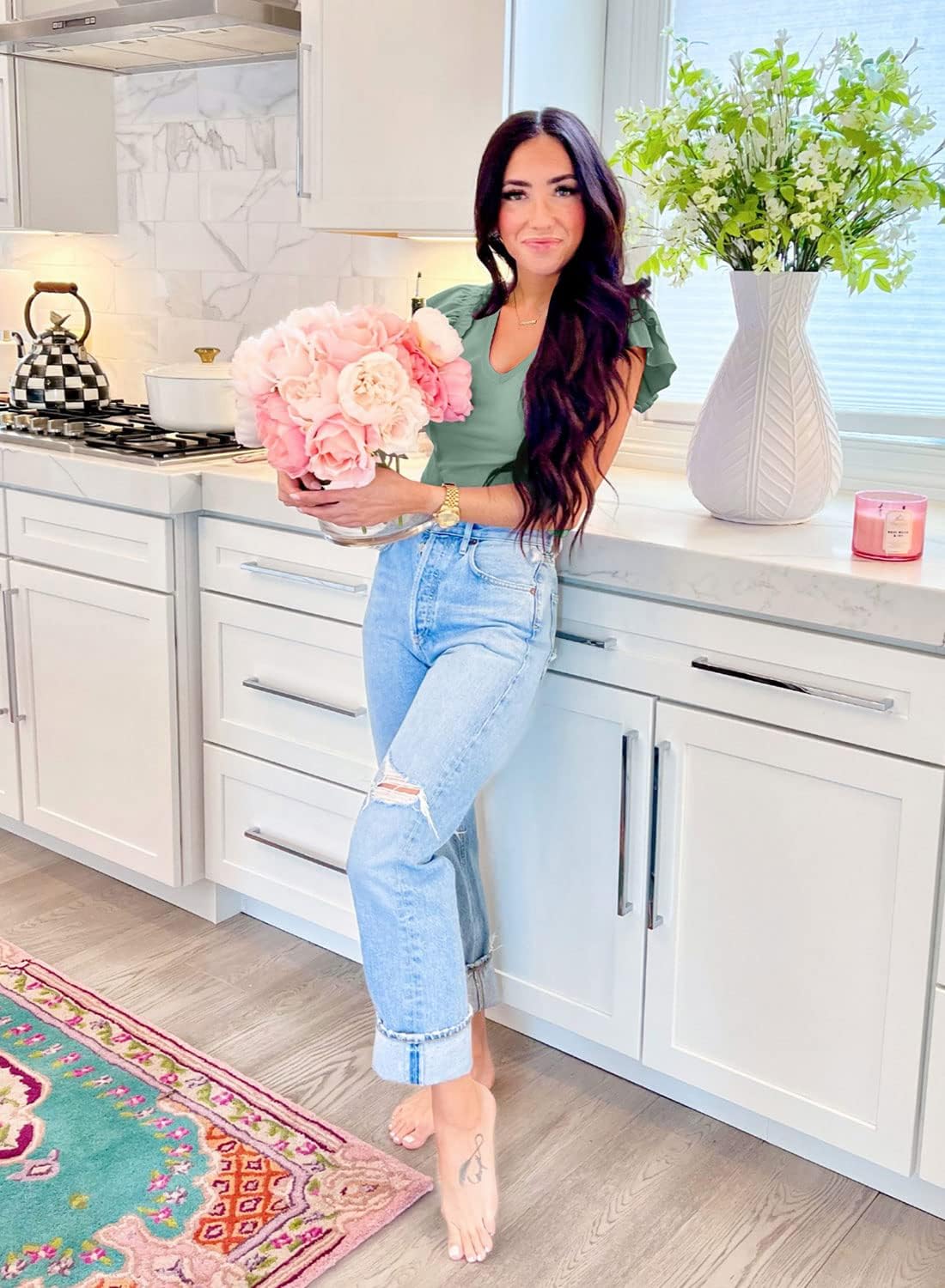 DOROSE Womens Summer Tops Sexy V Neck Casual Ruffle Short Sleeve Shirts Blouses - Image 3