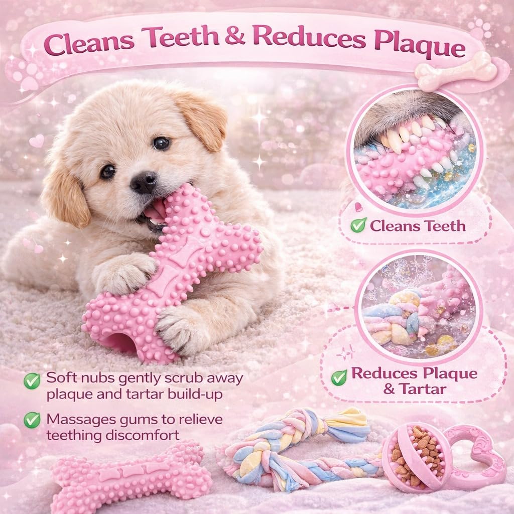 Paquete de 6 juguetes de dentición para cachorros, juguetes para perros pequeños para razas pequeñas, bonitos juguetes masticables de goma rosa, esenciales para cachorros, el mejor cumpleaños