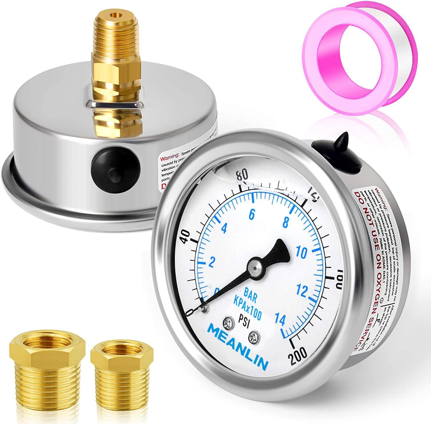 MEANLIN MEASURE 0~200Psi Stainless Steel 1/4" NPT 2.5" FACE DIAL Liquid Filled Pressure Gauge WOG Water Oil Gas Center Back Mount