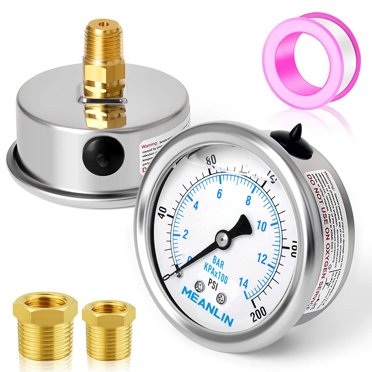 MEANLIN MEASURE 0~200Psi Stainless Steel 1/4" NPT 2.5" FACE DIAL Liquid Filled Pressure Gauge WOG Water Oil Gas Center Back Mount-image-22
