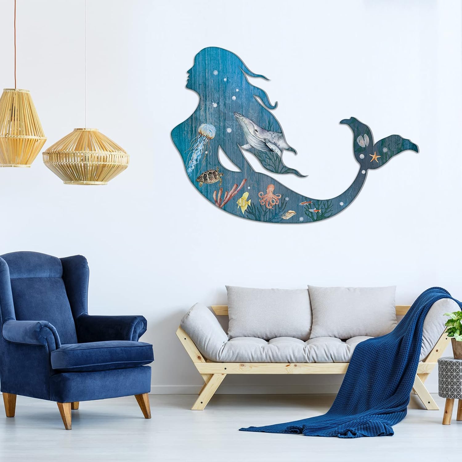 Pelopy 2 Pack Metal Mermaid Wall Art Decor, Blue, Bathroom Style